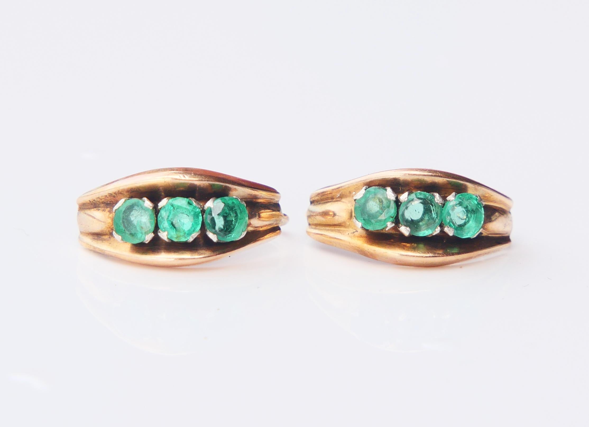 Rétro Boucles d'oreilles Nature 1.5ctw Emeraudes massif 14K or jaune blanc / 1.94 gr en vente