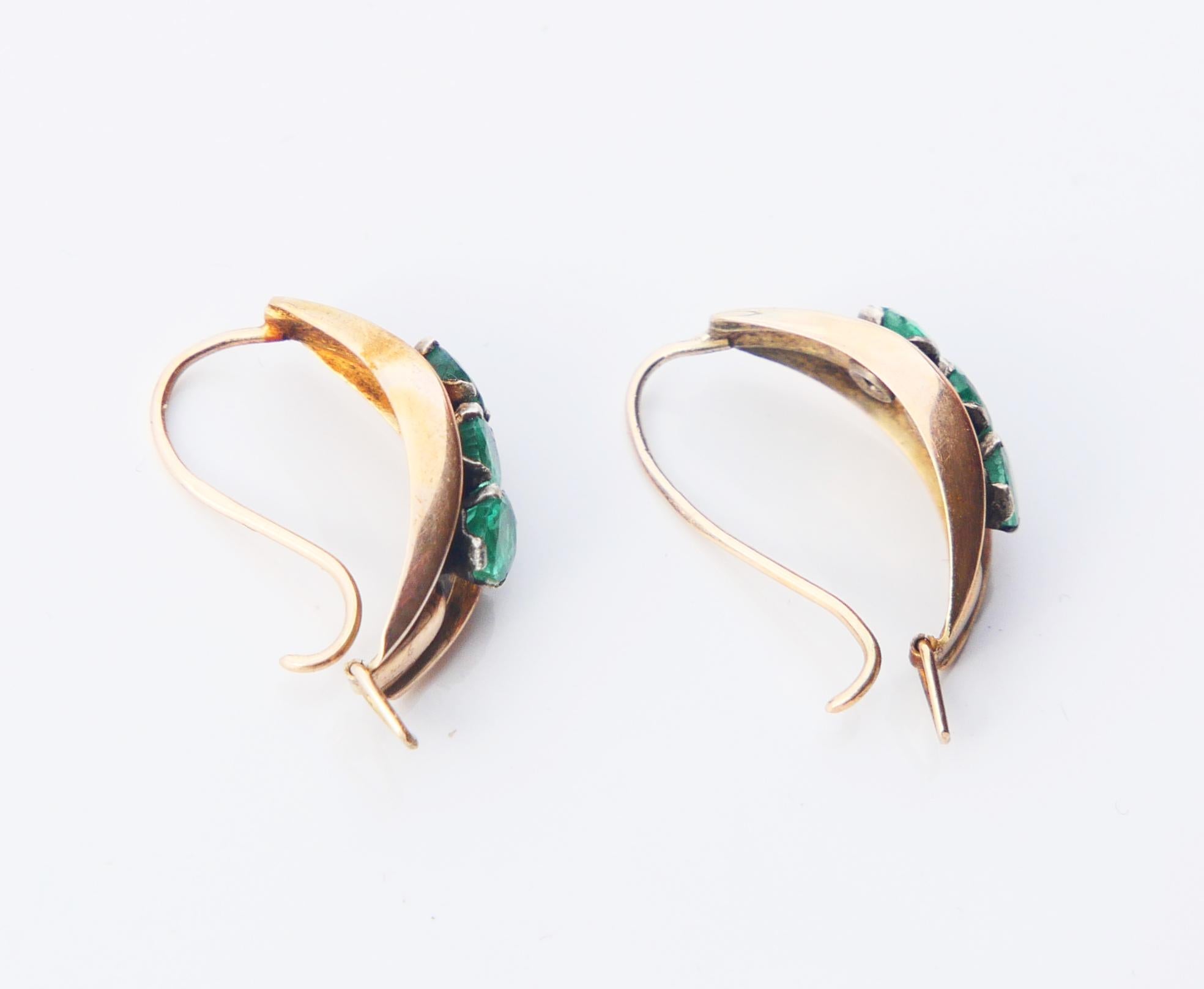 Taille vieille Europe Boucles d'oreilles Nature 1.5ctw Emeraudes massif 14K or jaune blanc / 1.94 gr en vente
