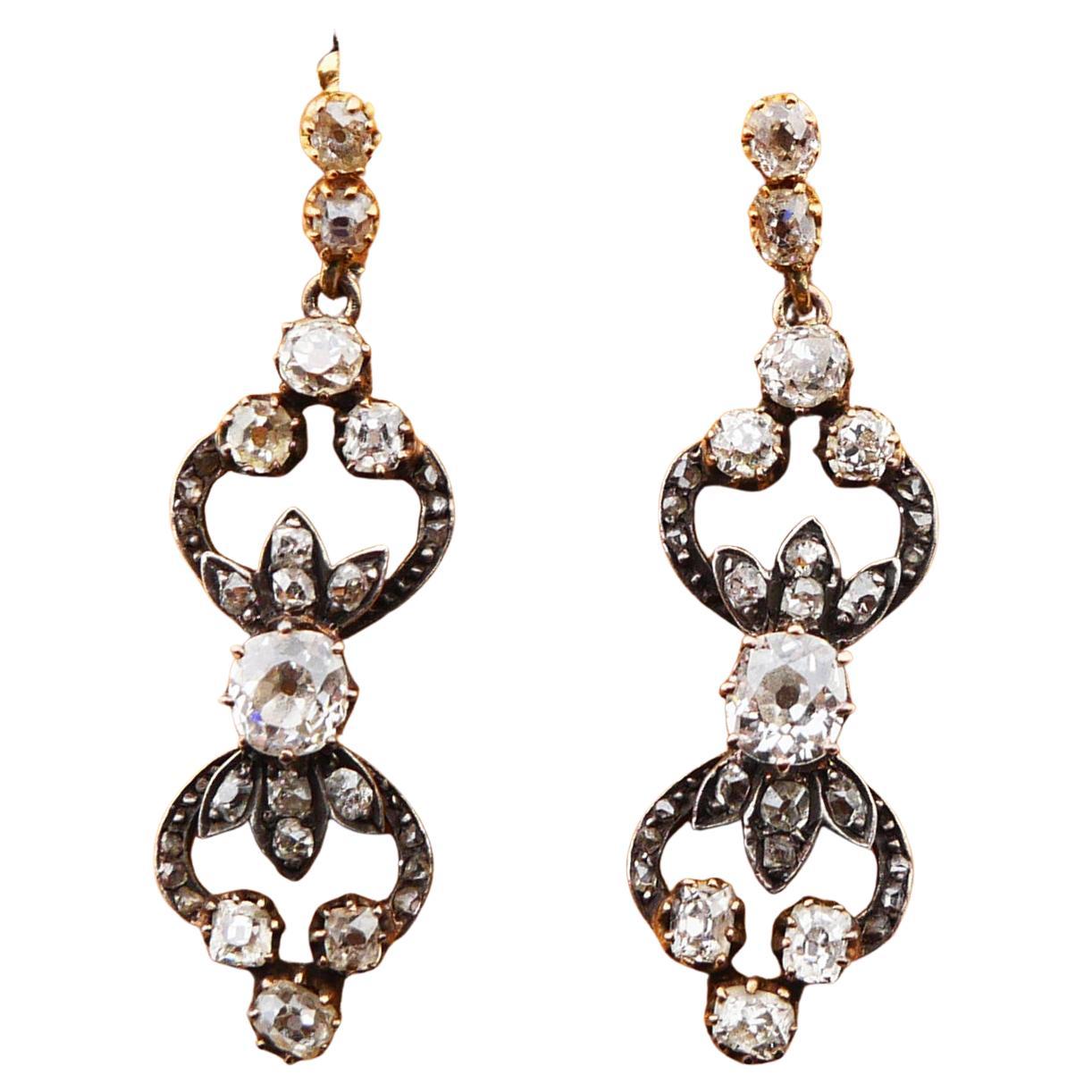 Antique  Earrings natural 3.35 ctw Diamonds solid 18K Gold Silver / 8.7g