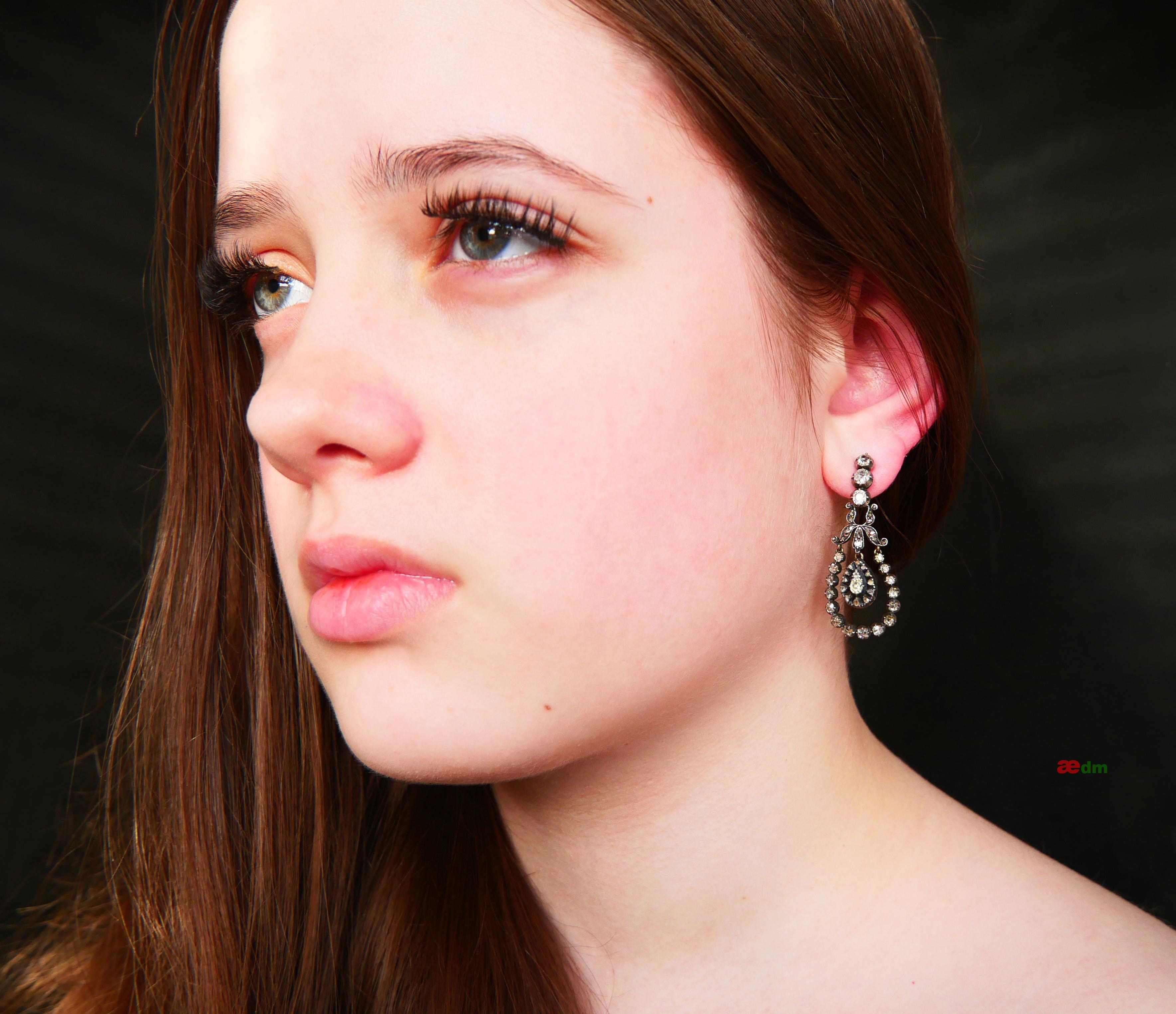 Old European Cut Antique Earrings natural 4.3 ctw Green Diamonds solid 18K Gold Silver / 10 gr For Sale