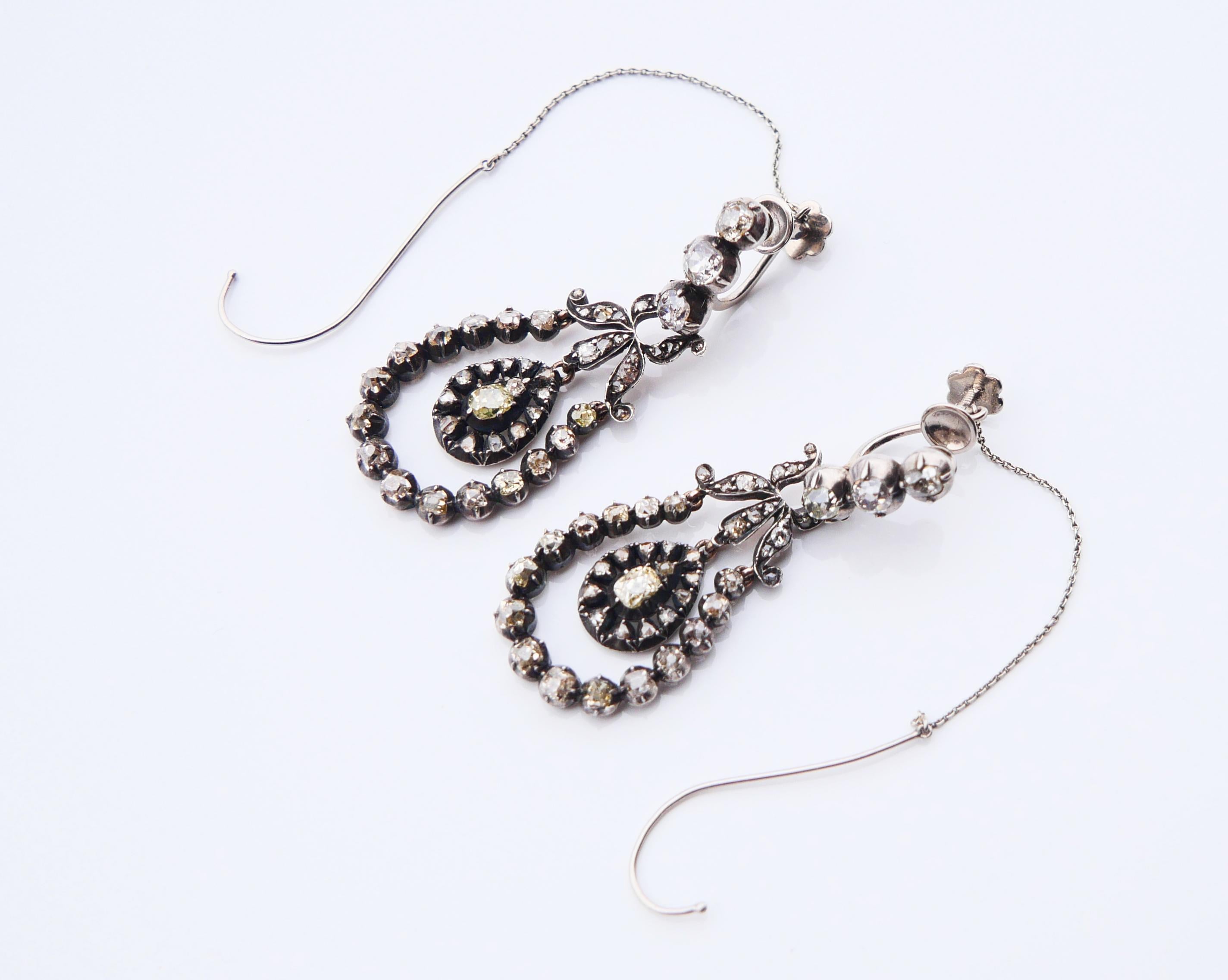 Antique Earrings natural 4.3 ctw Green Diamonds solid 18K Gold Silver / 10 gr For Sale 6