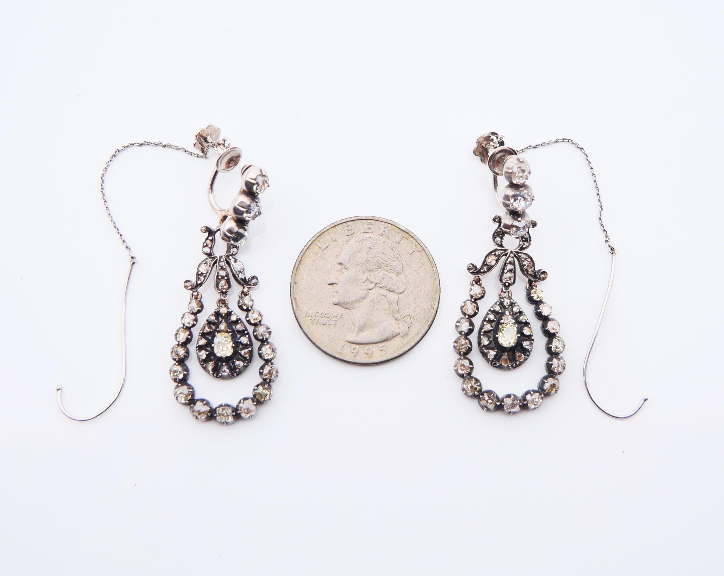 Antique Earrings natural 4.3 ctw Green Diamonds solid 18K Gold Silver / 10 gr For Sale 10