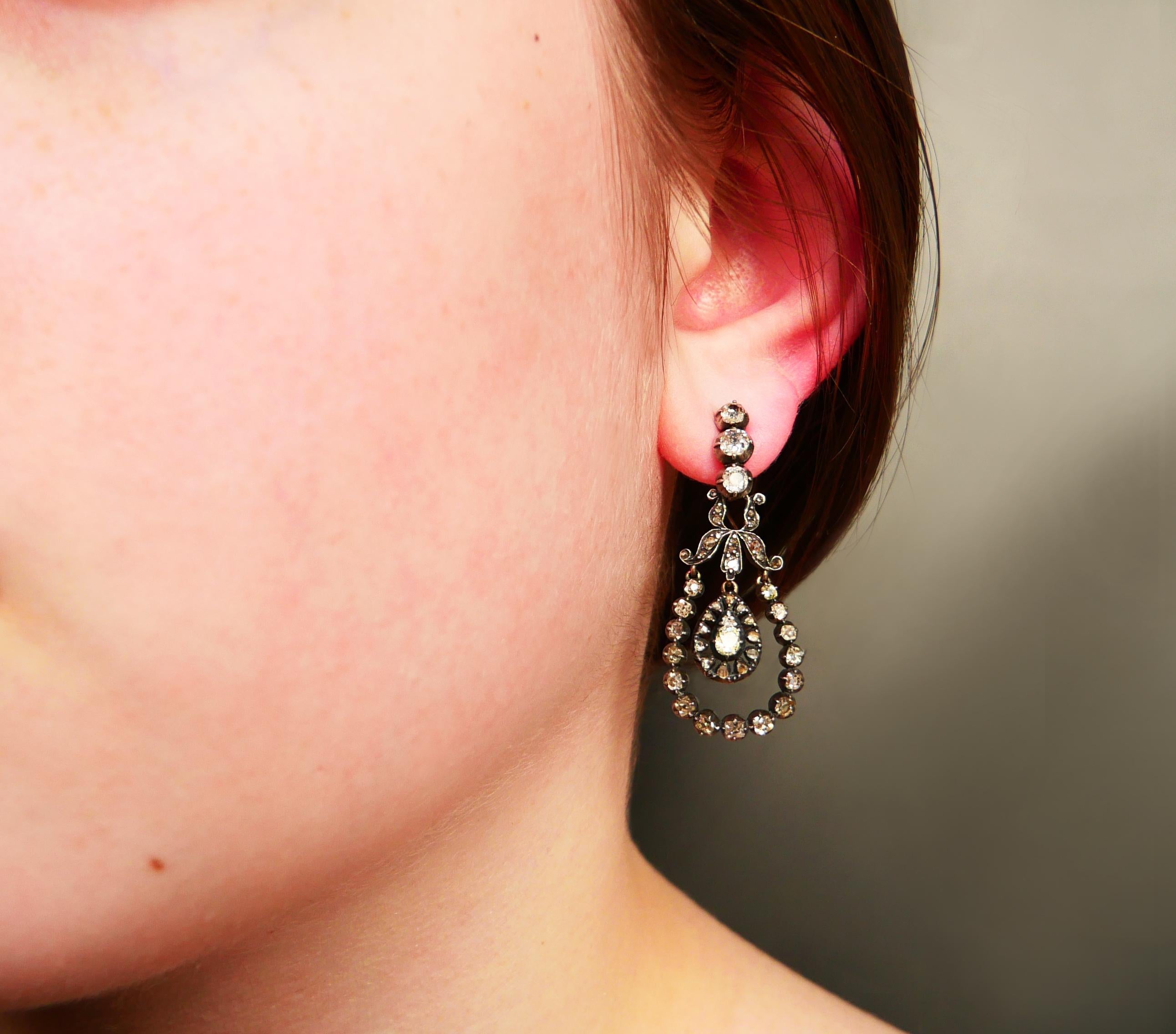 Antique Earrings natural 4.3 ctw Green Diamonds solid 18K Gold Silver / 10 gr For Sale 1