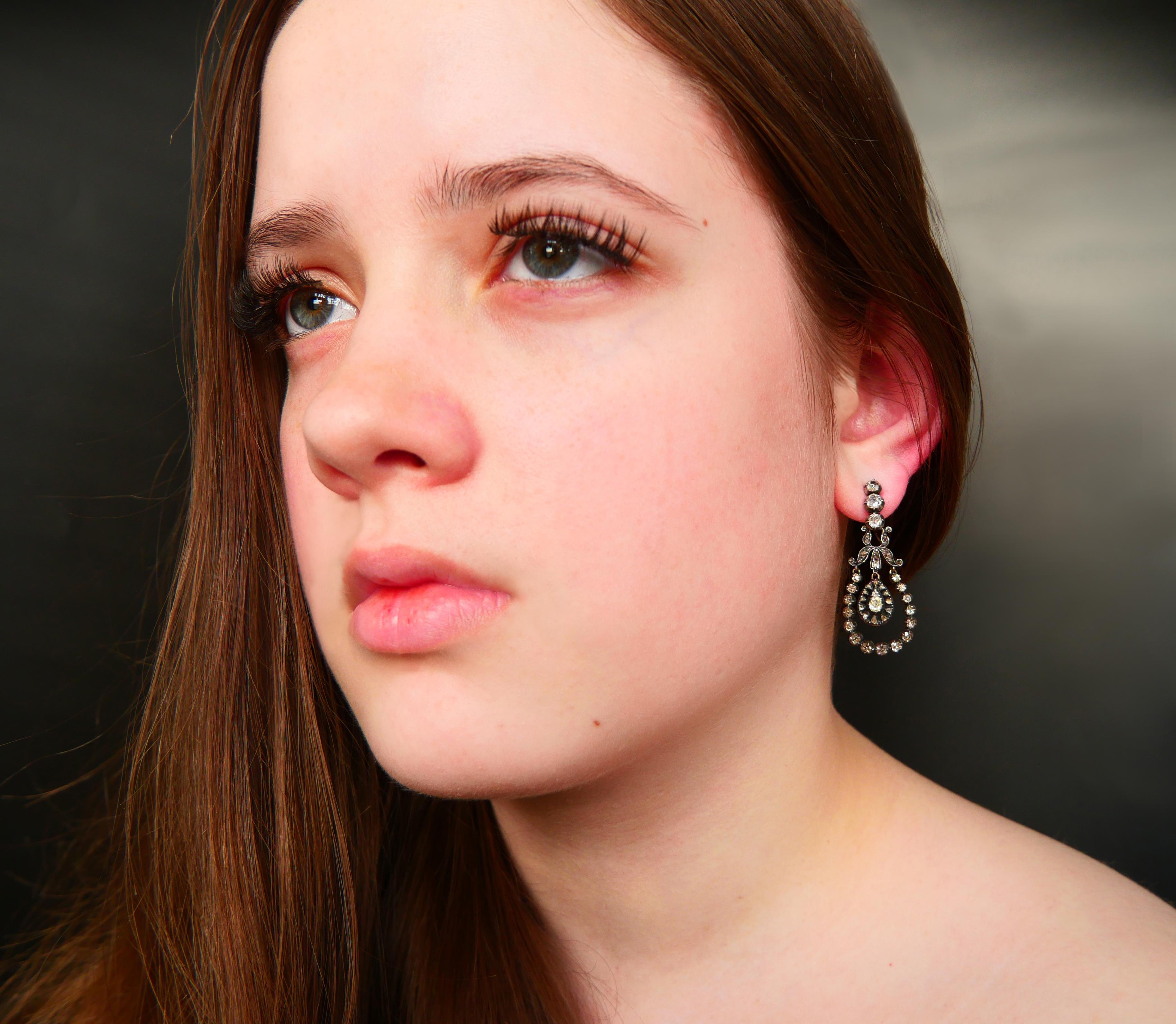 Antique Earrings natural 4.3 ctw Green Diamonds solid 18K Gold Silver / 10 gr For Sale 2