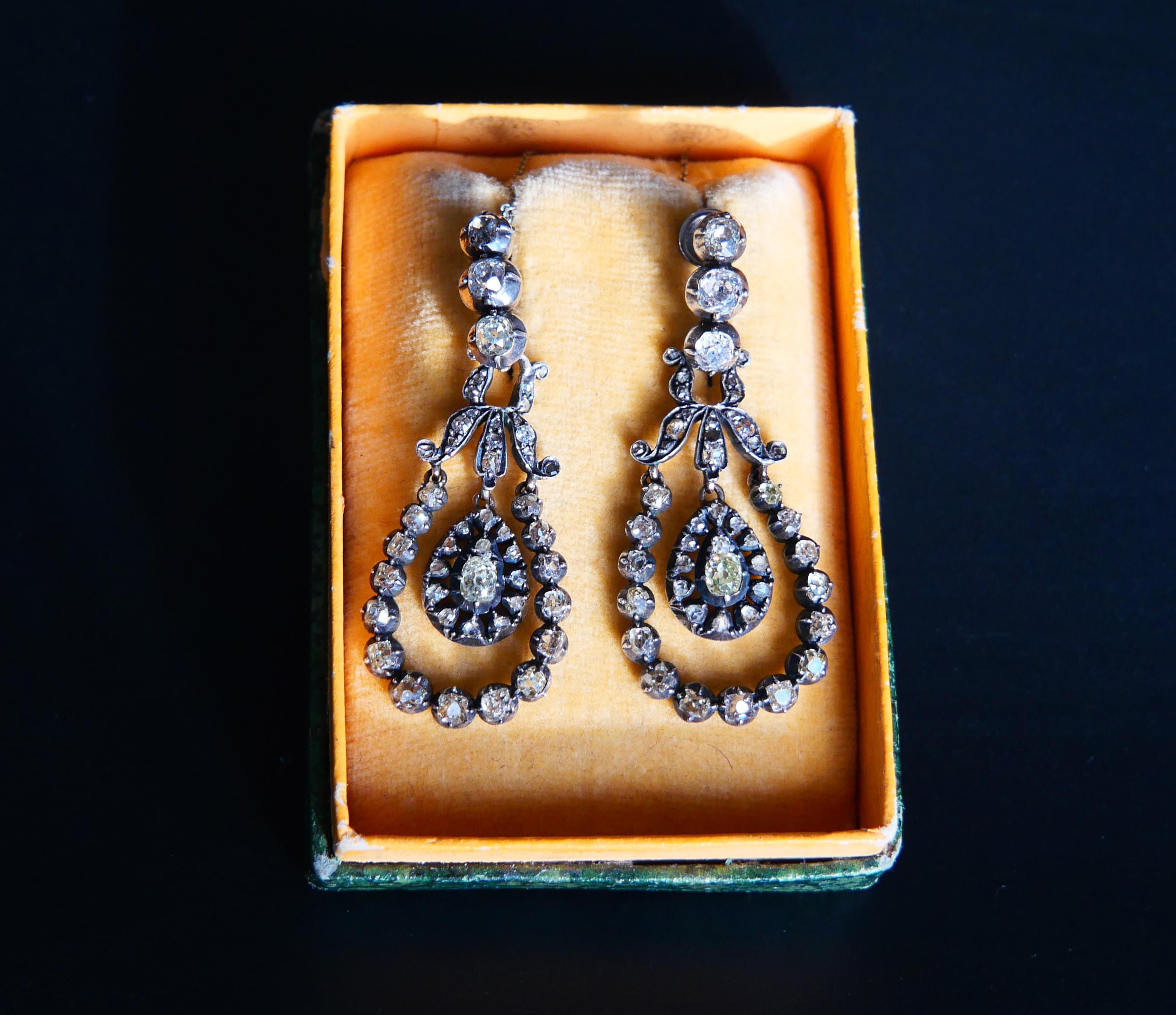 Antique Earrings natural 4.3 ctw Green Diamonds solid 18K Gold Silver / 10 gr For Sale 3