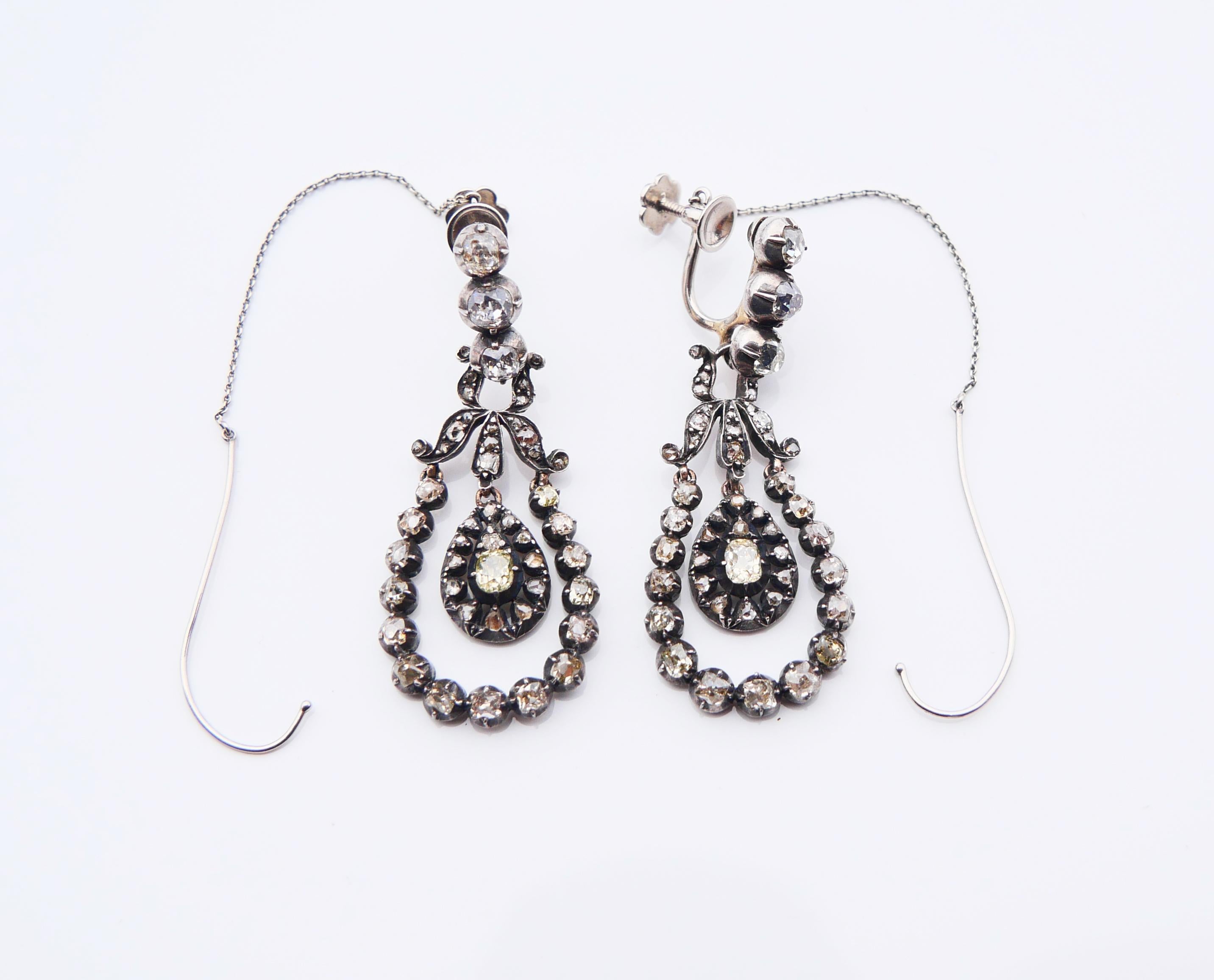 Antique Earrings natural 4.3 ctw Green Diamonds solid 18K Gold Silver / 10 gr For Sale 4