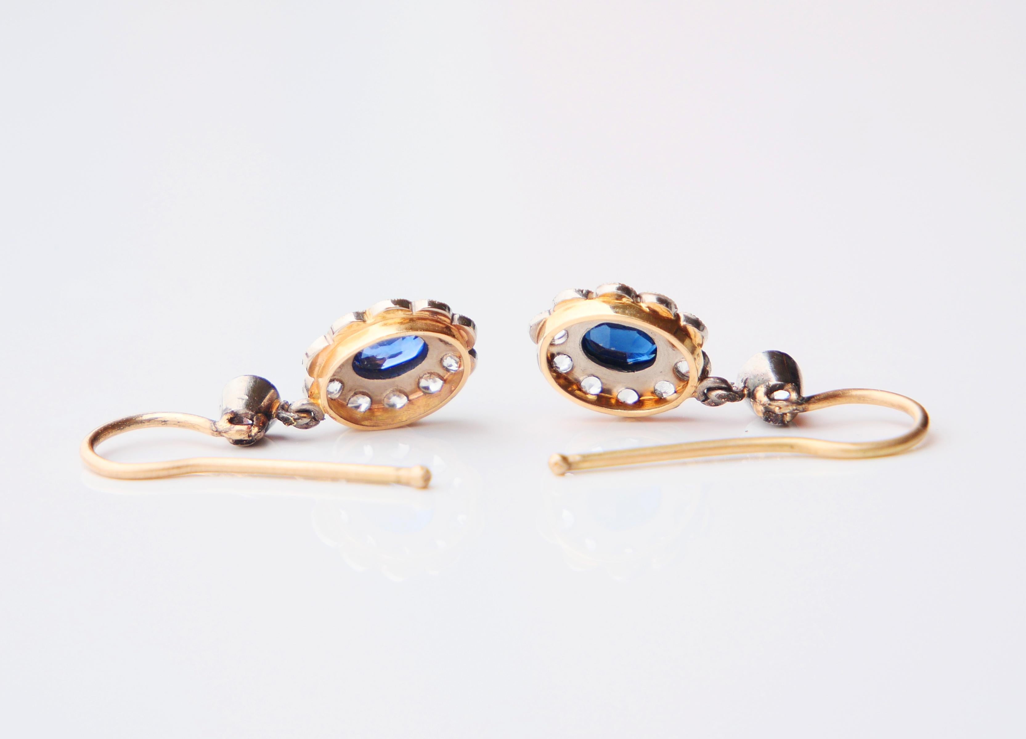 Boucles d'oreilles anciennes en or 18 carats massif et platine avec saphirs bleus et blancs naturels de 3 g en vente 5