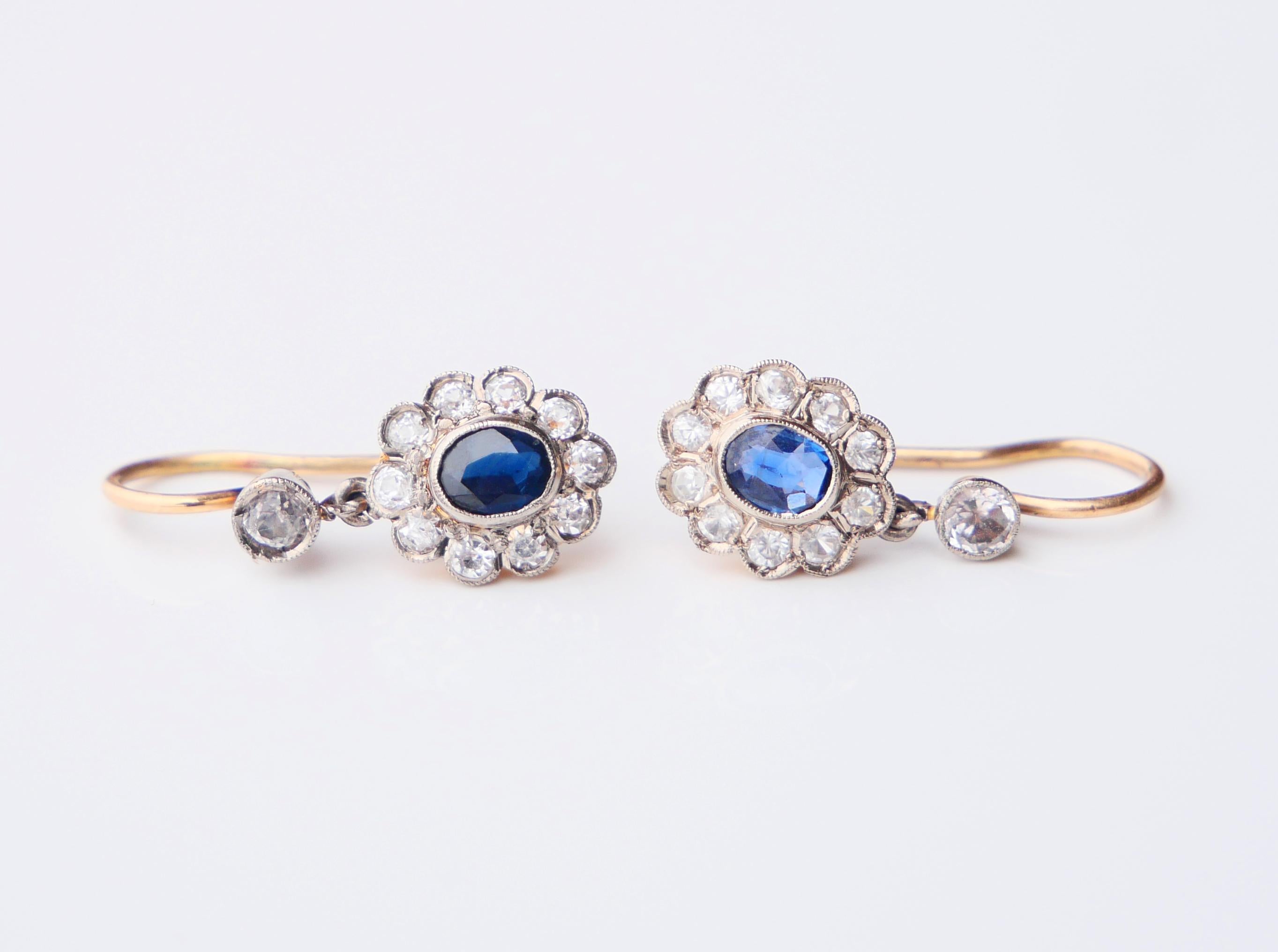 Boucles d'oreilles anciennes en or 18 carats massif et platine avec saphirs bleus et blancs naturels de 3 g en vente 6