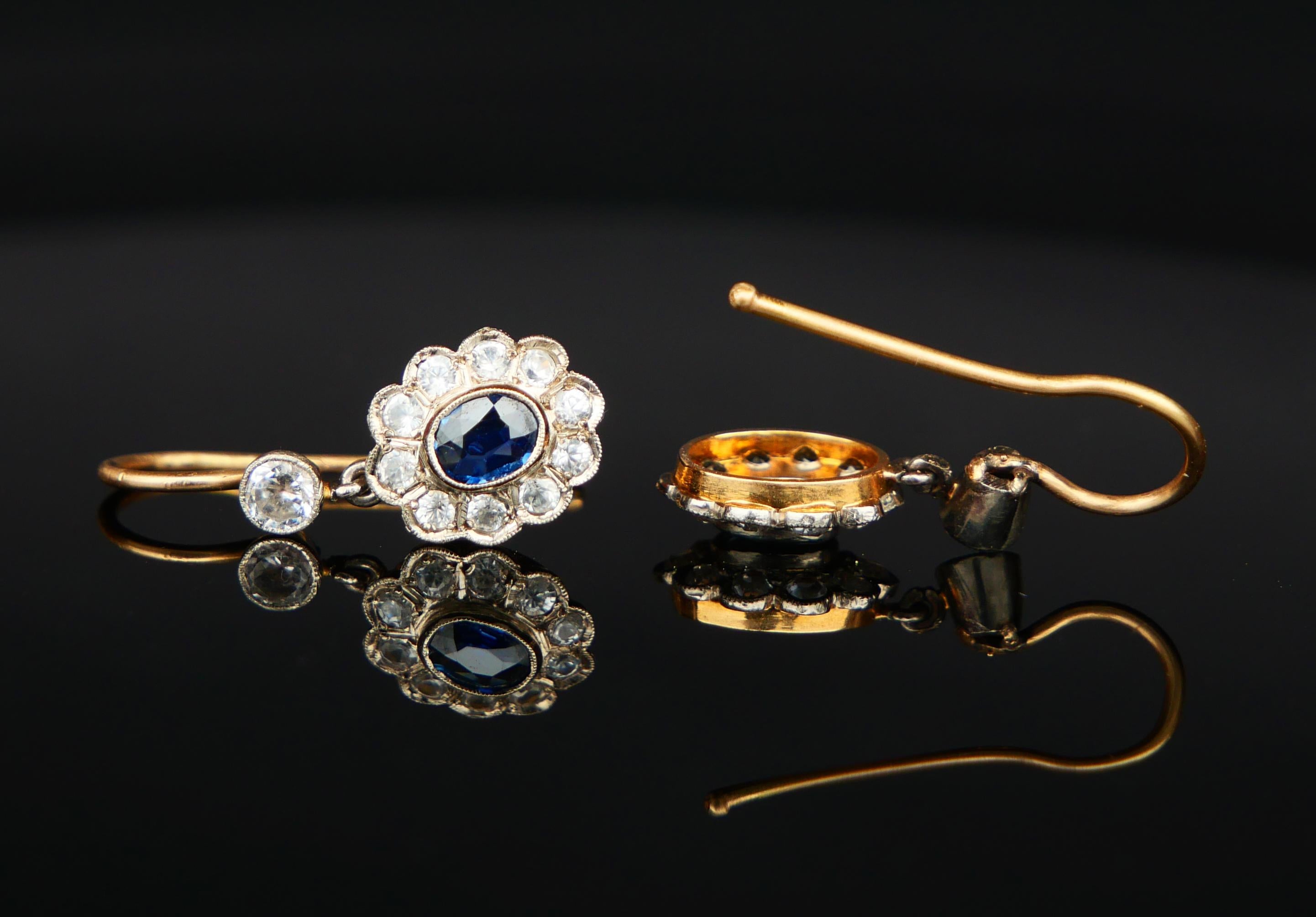 Art nouveau Boucles d'oreilles anciennes en or 18 carats massif et platine avec saphirs bleus et blancs naturels de 3 g en vente