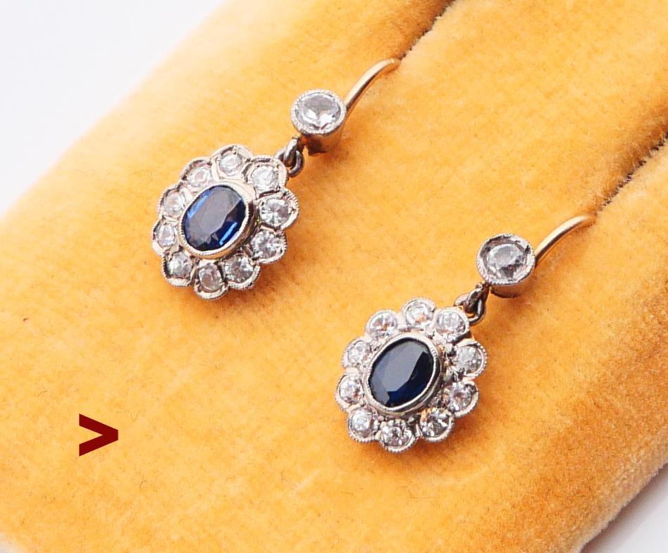 Boucles d'oreilles anciennes en or 18 carats massif et platine avec saphirs bleus et blancs naturels de 3 g en vente 1
