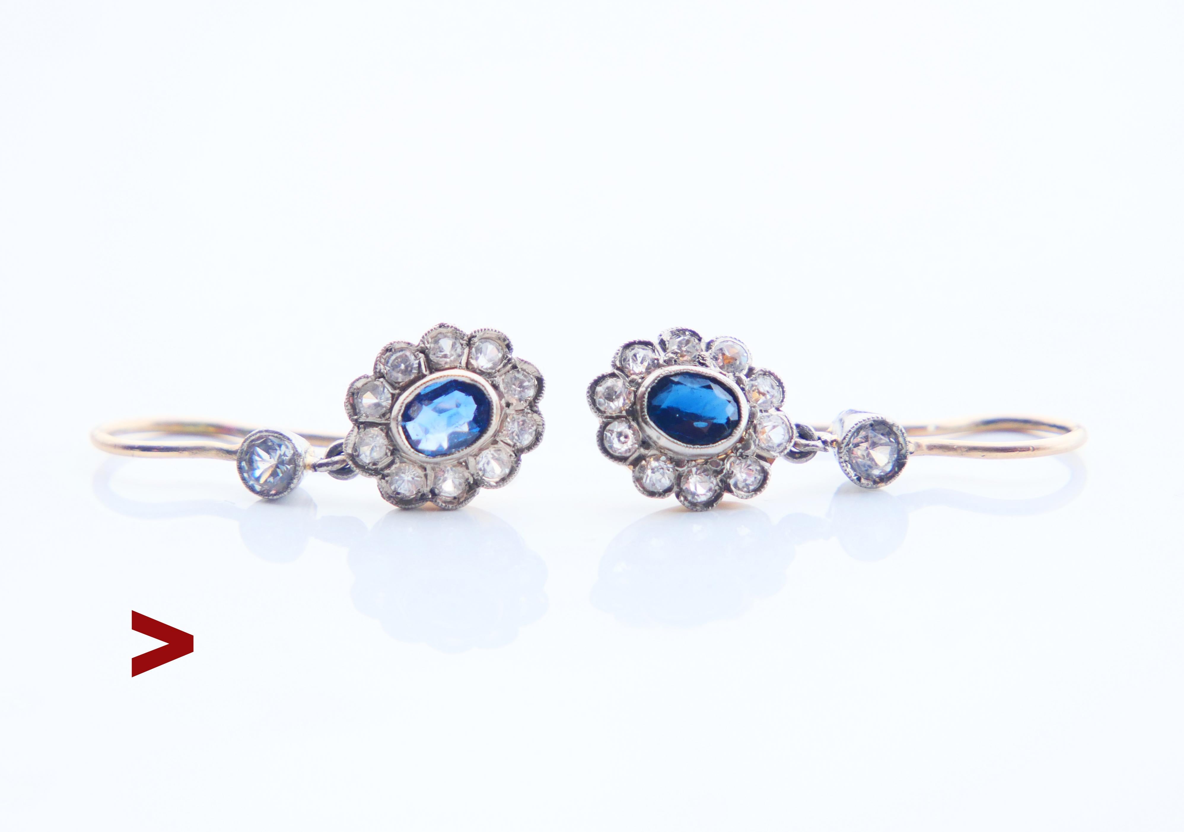 Boucles d'oreilles anciennes en or 18 carats massif et platine avec saphirs bleus et blancs naturels de 3 g en vente 3