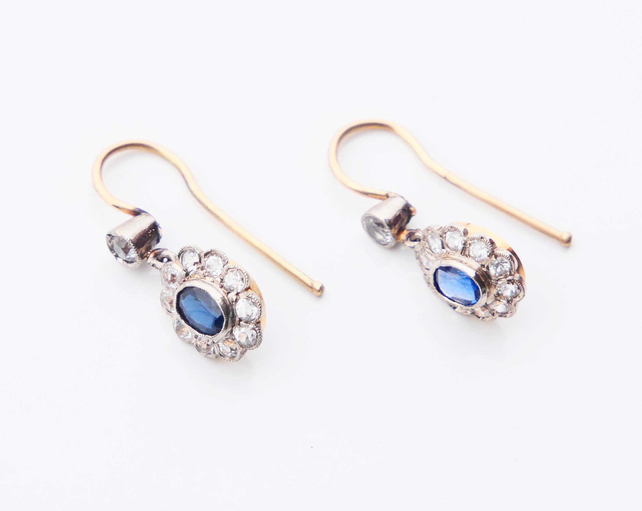 Boucles d'oreilles anciennes en or 18 carats massif et platine avec saphirs bleus et blancs naturels de 3 g en vente 4