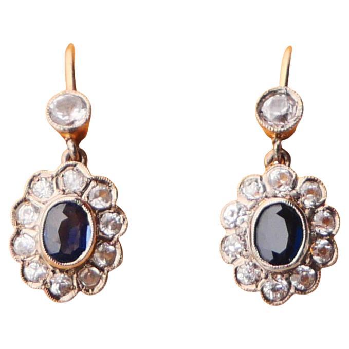Antique Earrings natural Blue White Sapphire solid 18K Gold Platinum / 3gr.