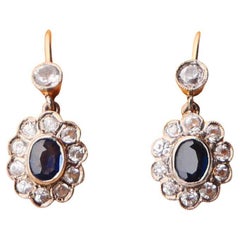 Antique Earrings natural Blue White Sapphire solid 18K Gold Platinum / 3gr.