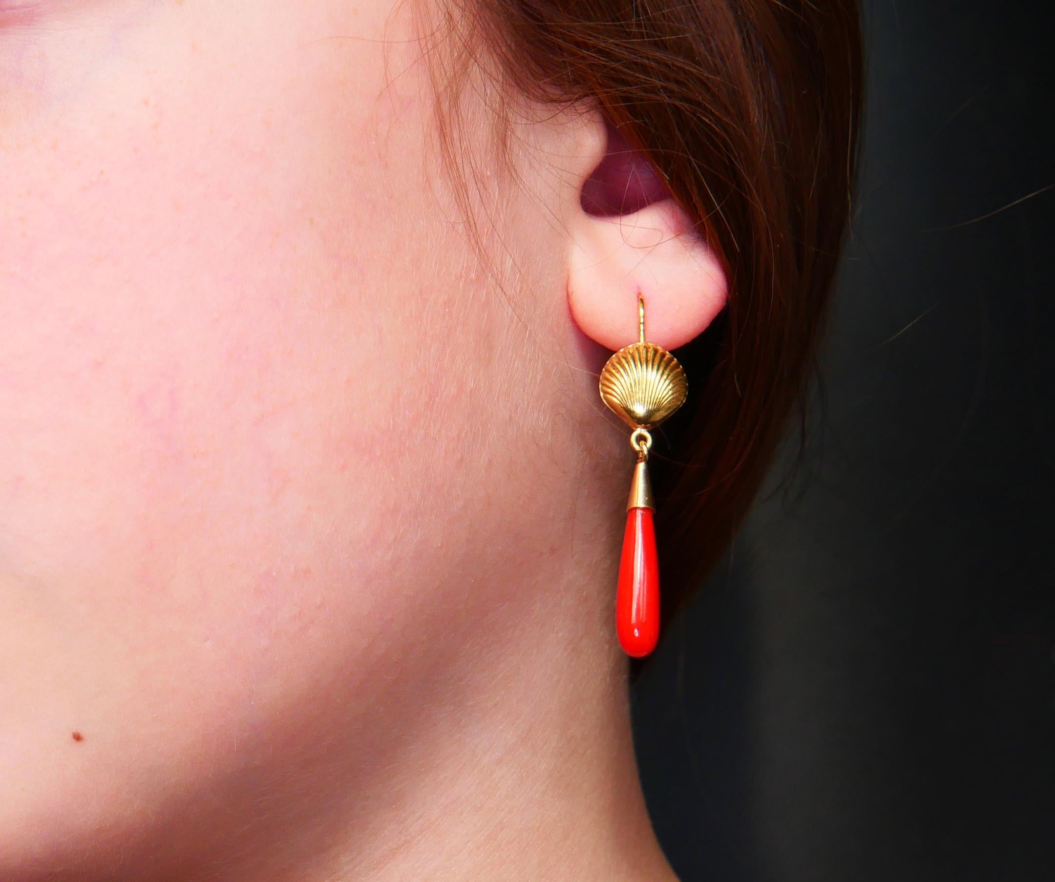 Pear Cut Antique Earrings natural Red Coral solid 18K Gold / 3.4gr For Sale