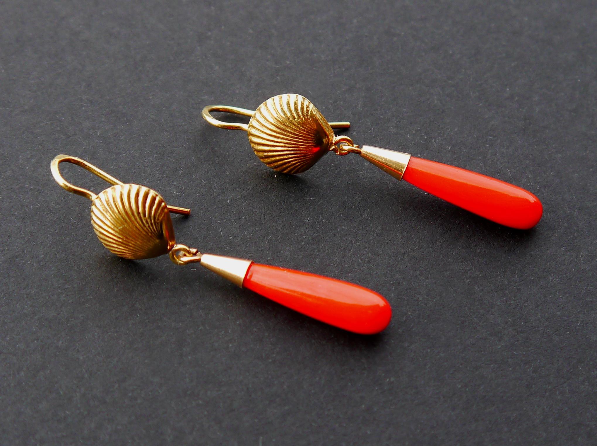 Antique Earrings natural Red Coral solid 18K Gold / 3.4gr For Sale 4
