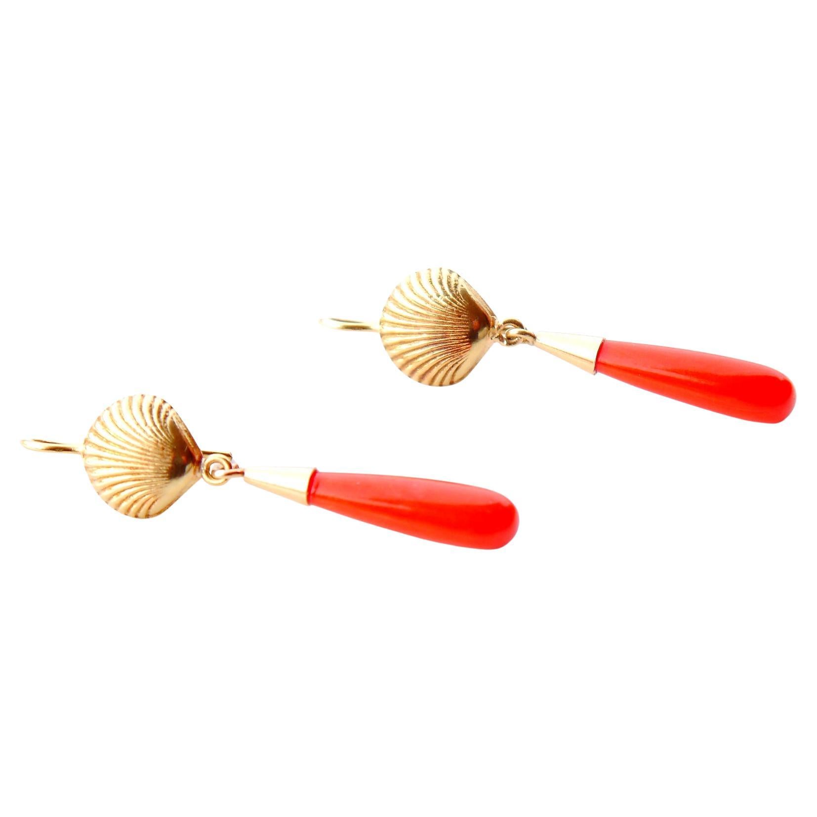 Antique Earrings natural Red Coral solid 18K Gold / 3.4gr