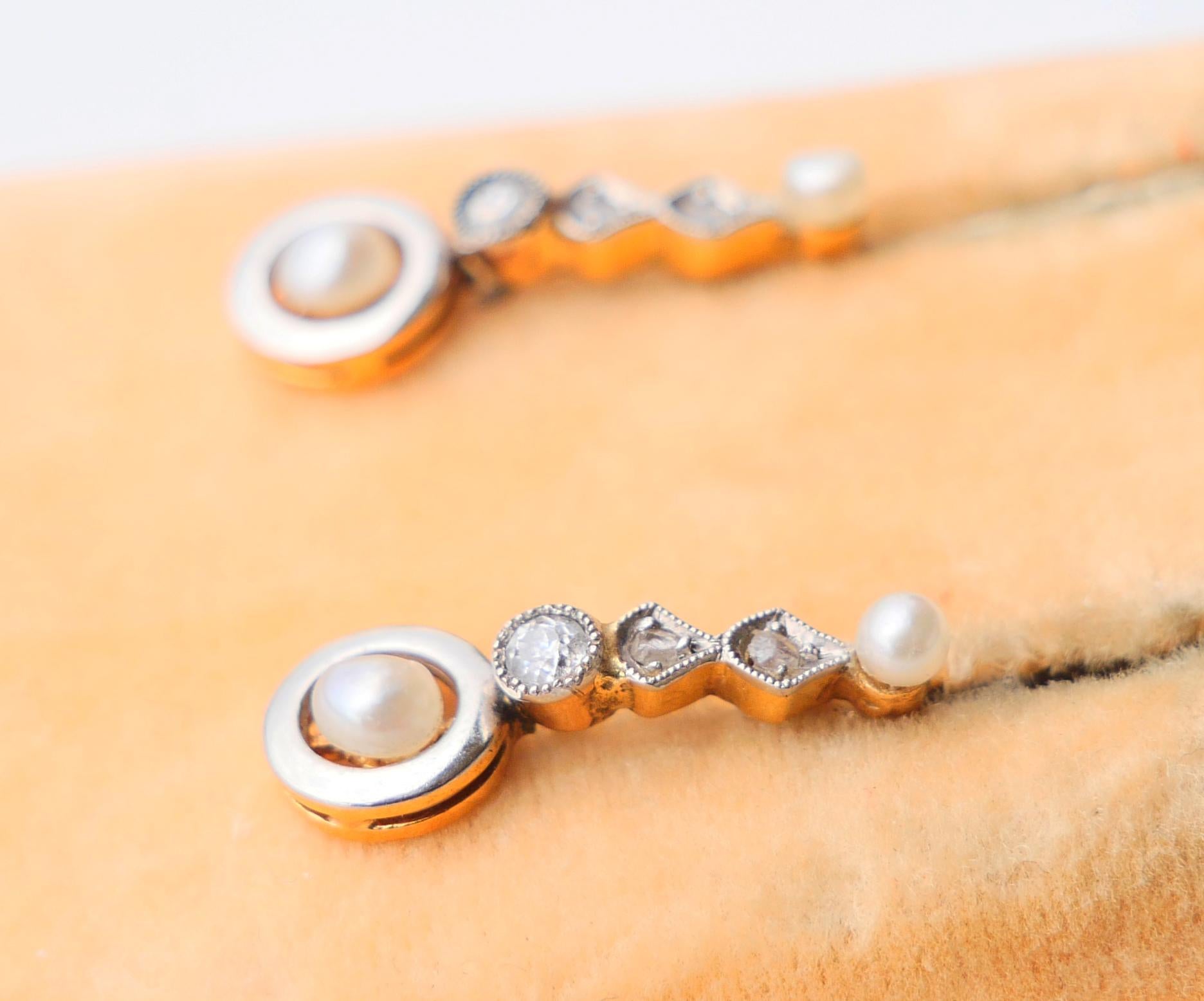 Antique Earrings Pearls Diamonds solid 18K Gold / 2.36gr (Alteuropäischer Schliff) im Angebot
