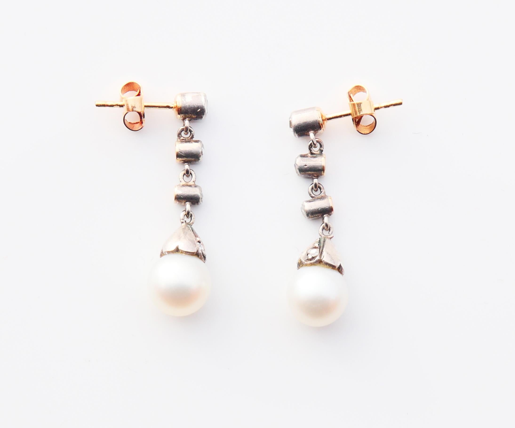Rose Cut Antique Earrings Pearls Diamonds solid 18K Gold Silver / 4.3gr For Sale