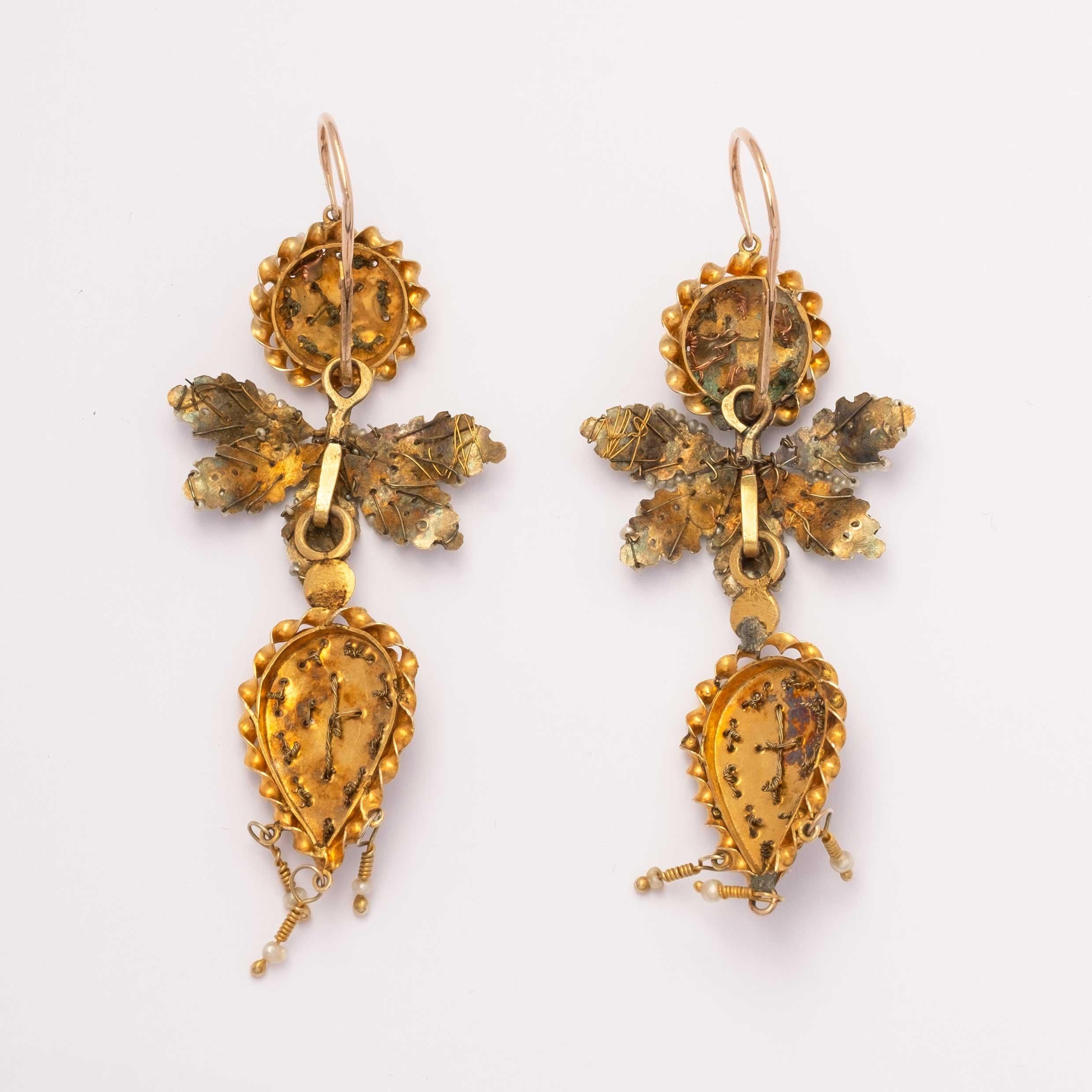 Uncut Antique earrings with micropearls Naples 19th Century