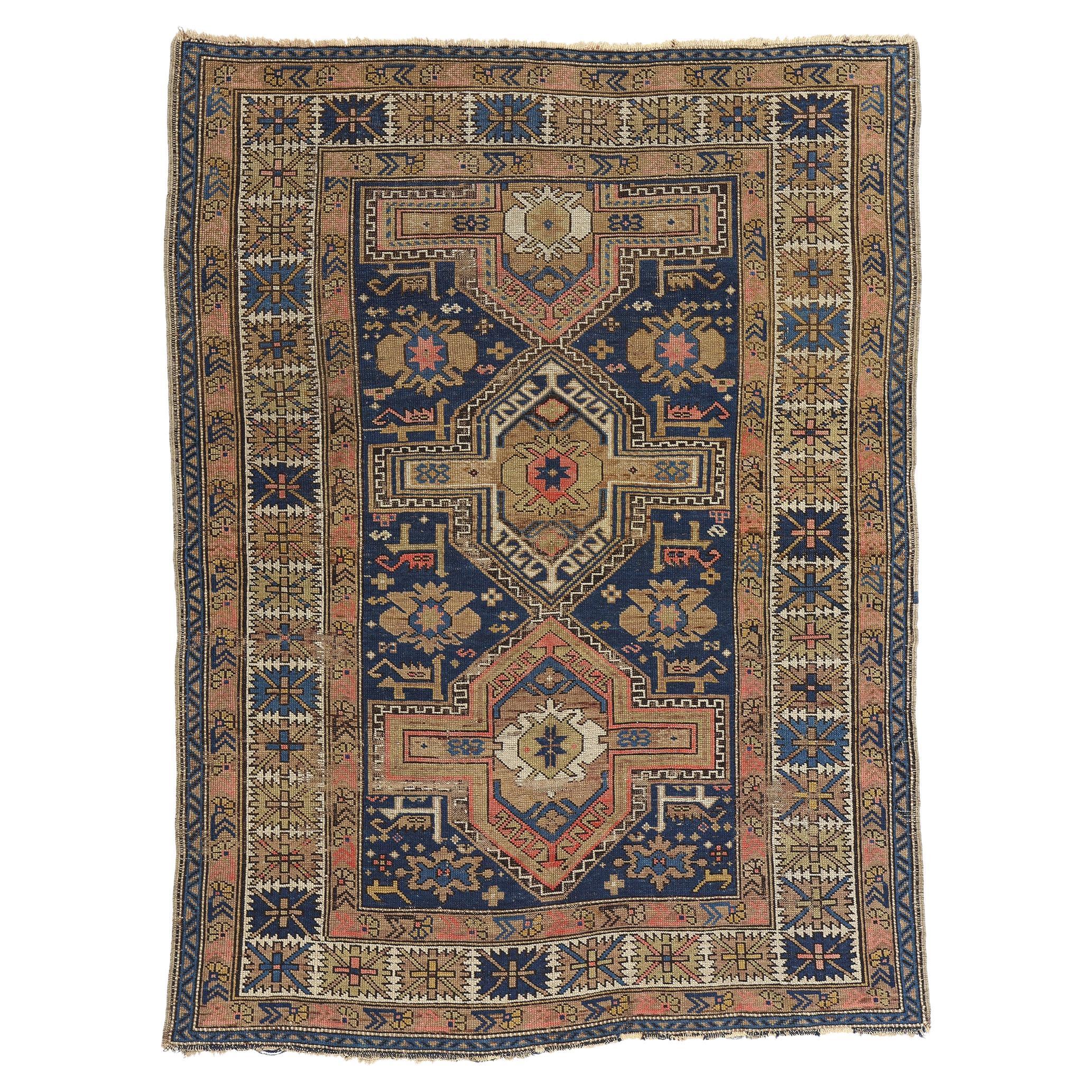 Antique Earth-Tone Caucasus Kuba Carpet