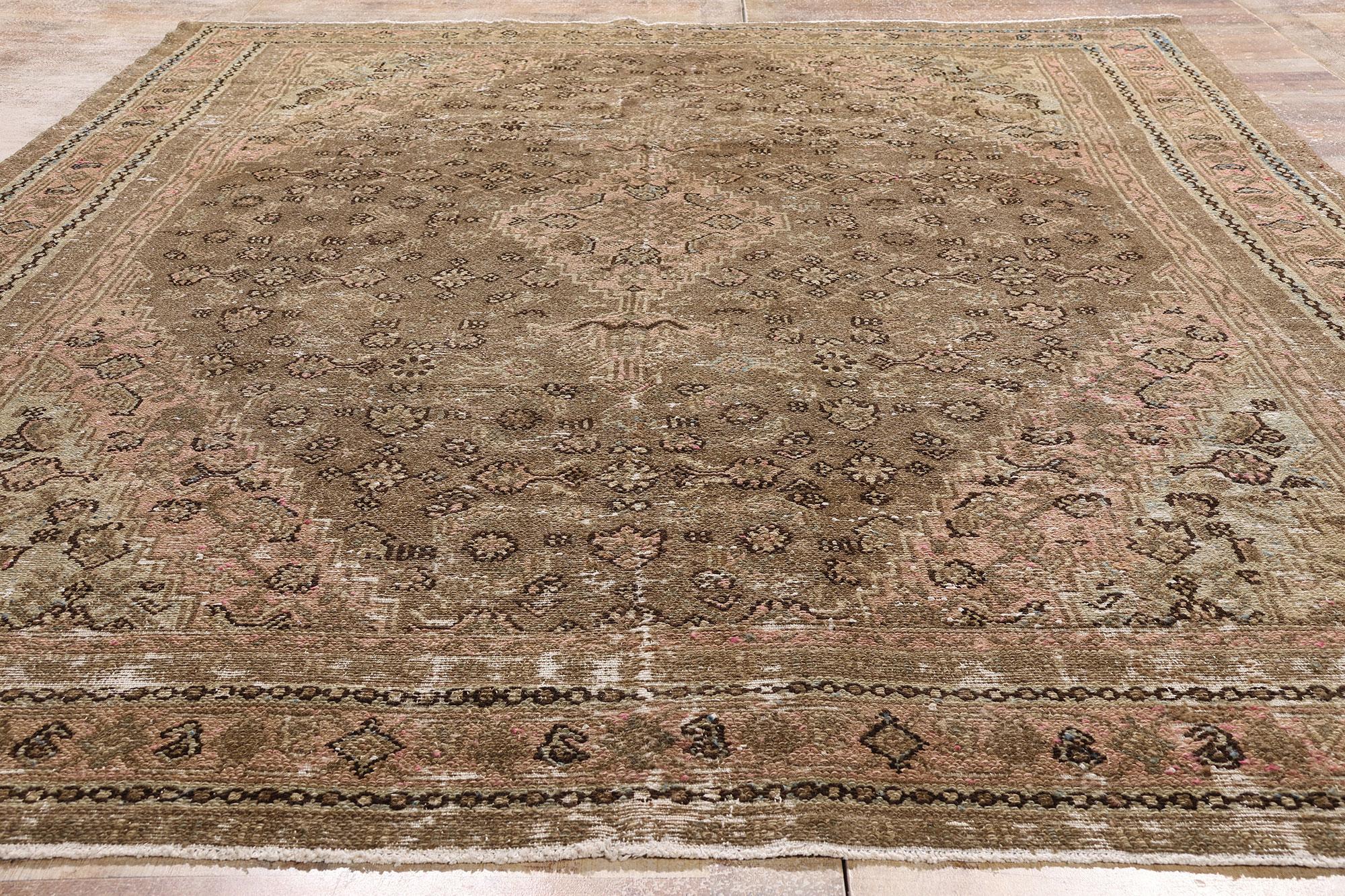 Antique Earth-Tone Persian Joshegan Rug with Modern Rustic Style In Distressed Condition For Sale In Dallas, TX