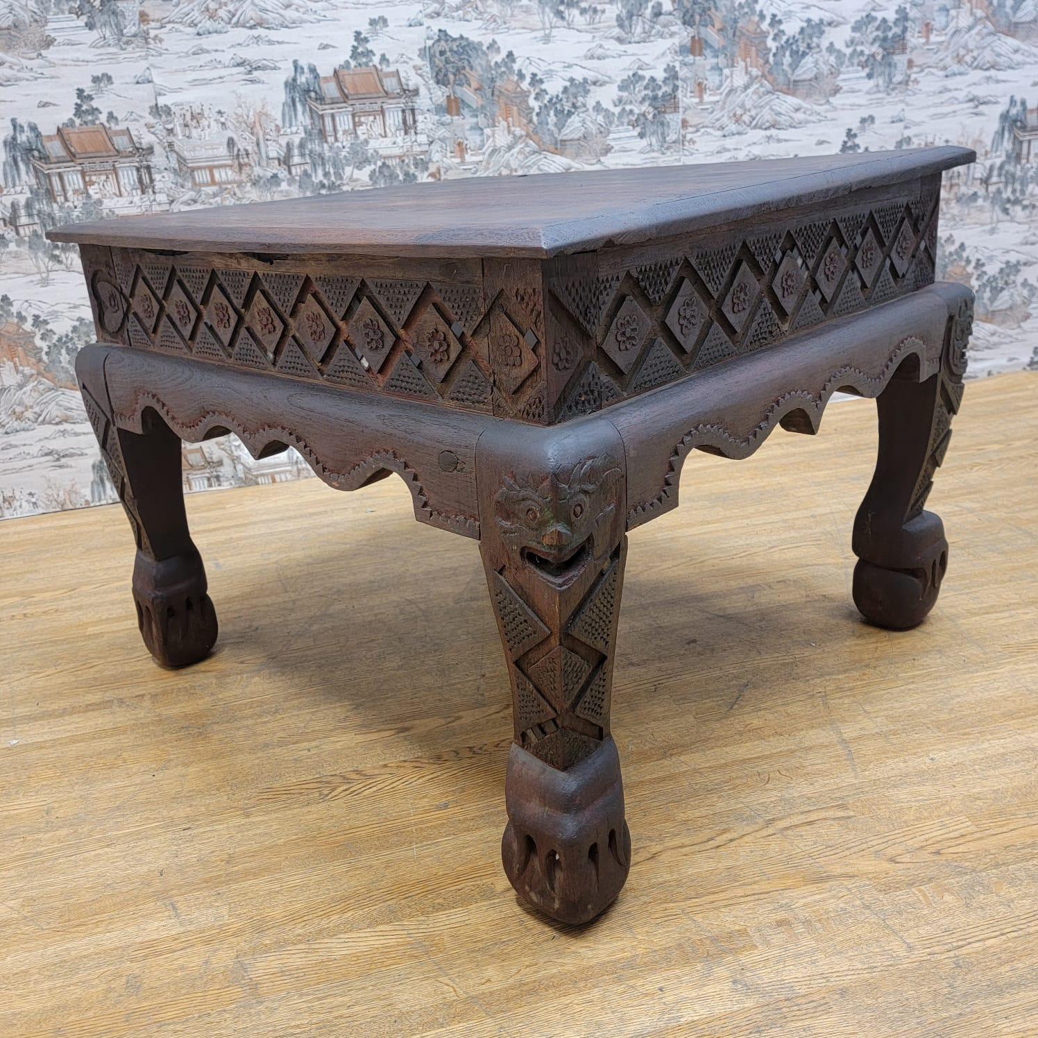 Antique East Indian Teak Wood Square Side Table with Carved Legs and Apron For Sale 4