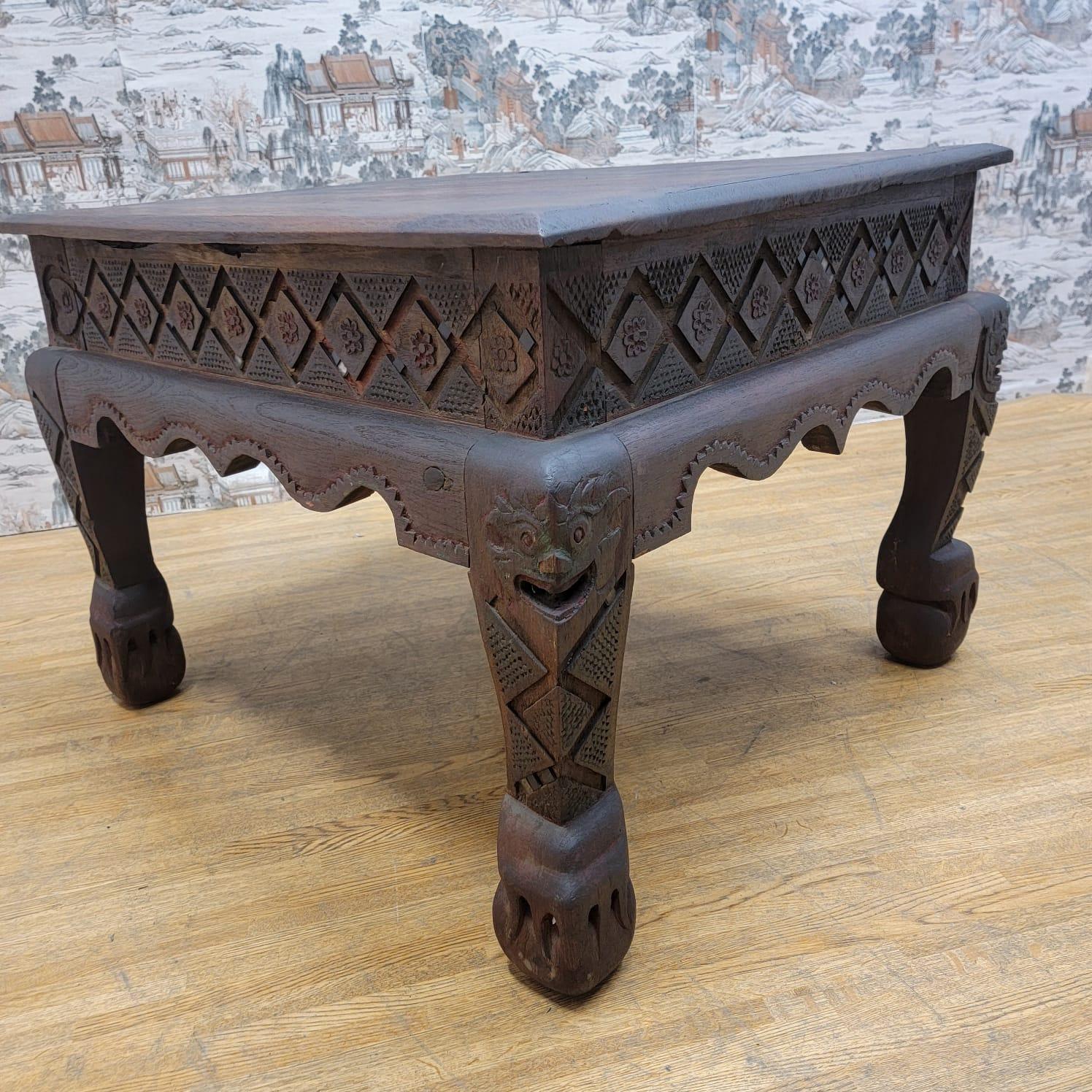 Antique East Indian Teak Wood Square Side Table with Carved Legs and Apron For Sale 5