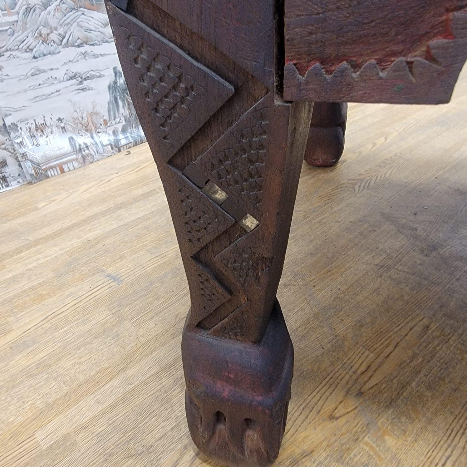 Antique East Indian Teak Wood Square Side Table with Carved Legs and Apron For Sale 9