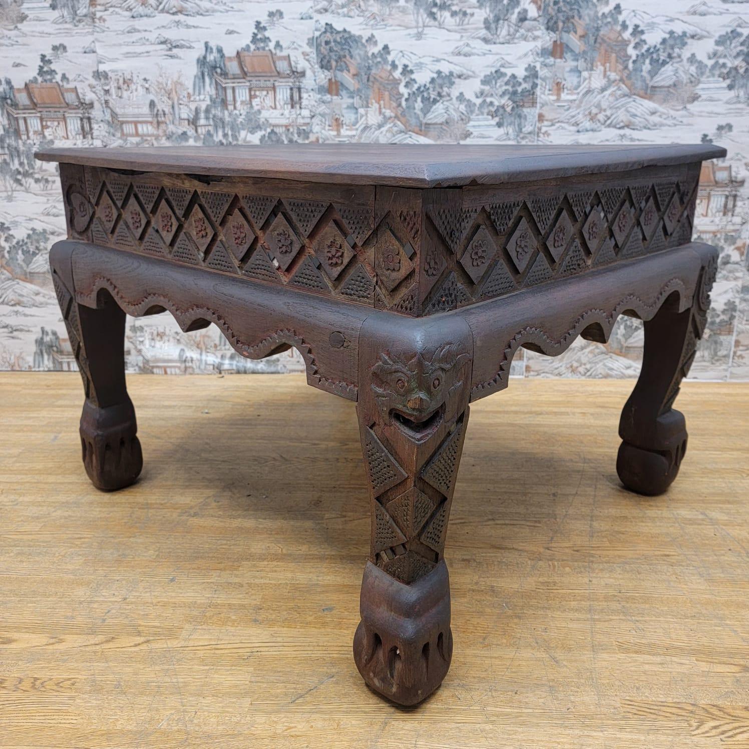 Hand-Carved Antique East Indian Teak Wood Square Side Table with Carved Legs and Apron For Sale