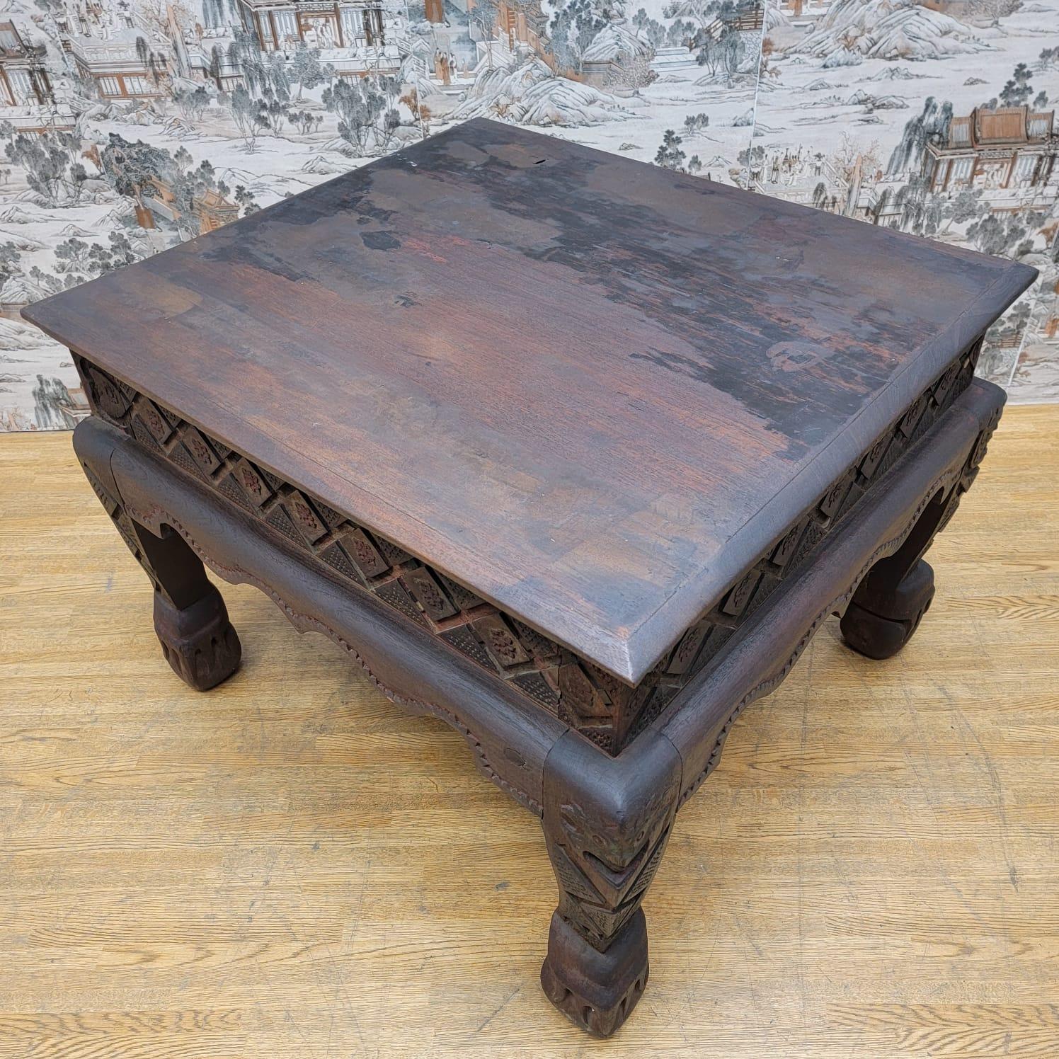 Antique East Indian Teak Wood Square Side Table with Carved Legs and Apron In Good Condition For Sale In Chicago, IL