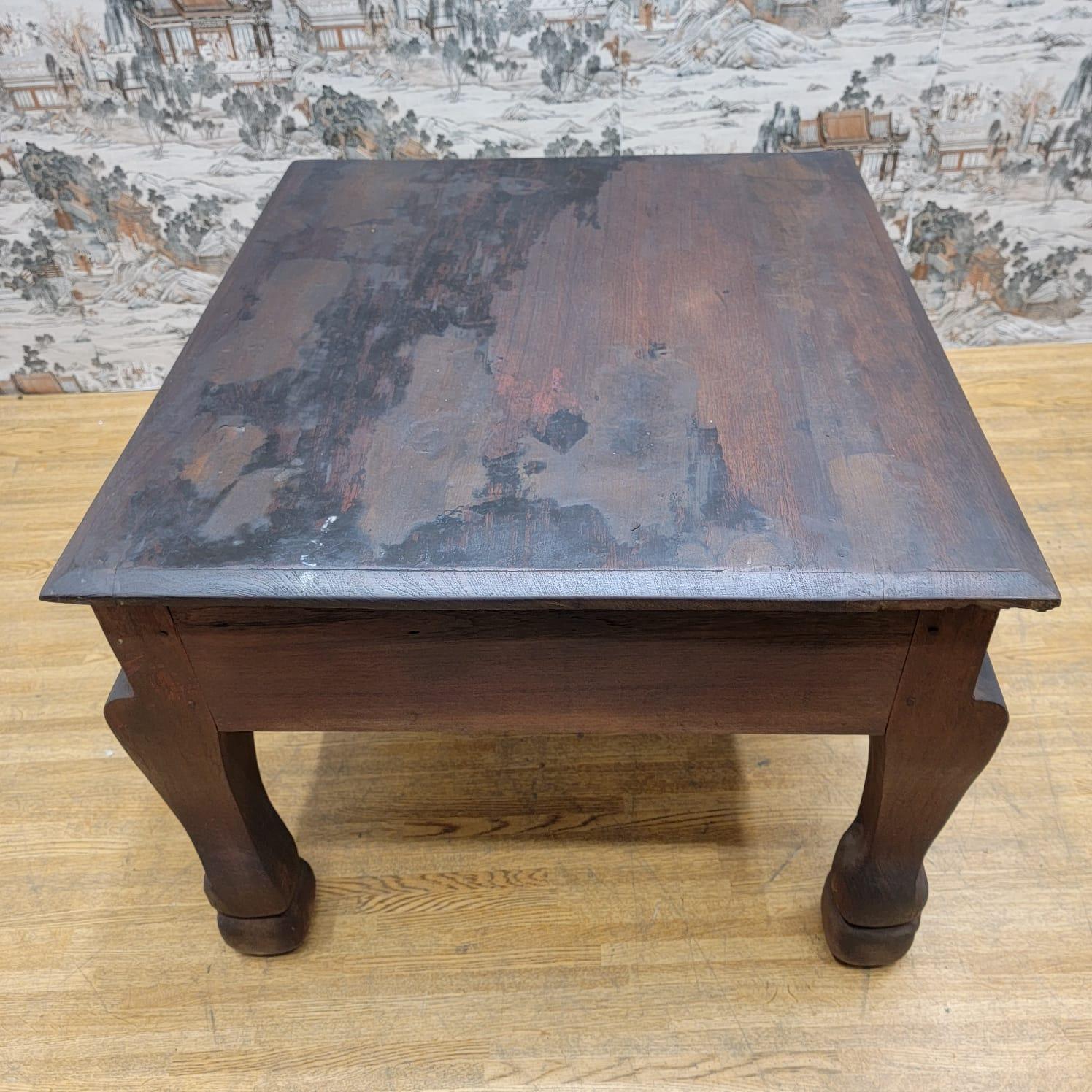 Antique East Indian Teak Wood Square Side Table with Carved Legs and Apron For Sale 1