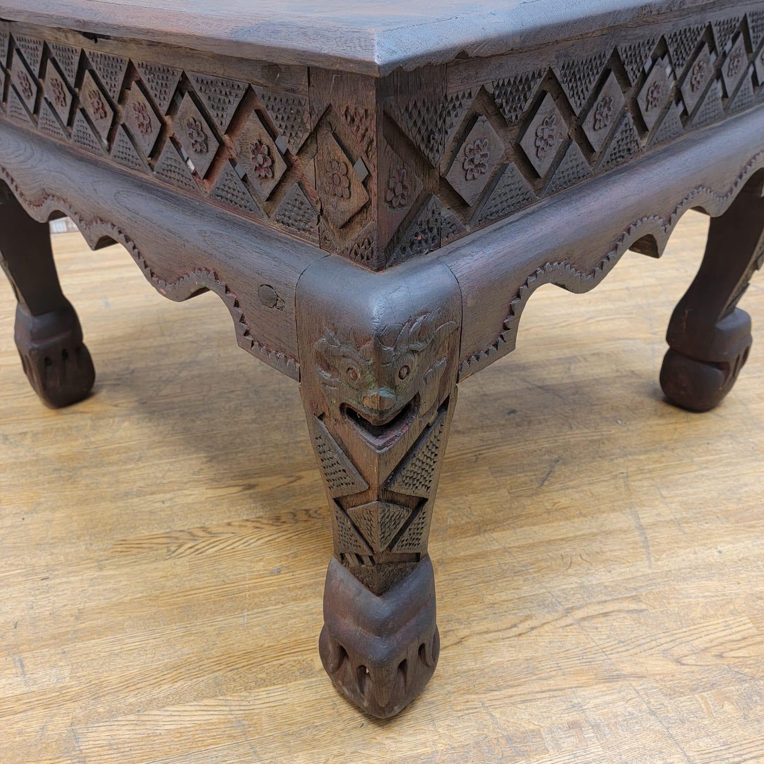 Antique East Indian Teak Wood Square Side Table with Carved Legs and Apron For Sale 2