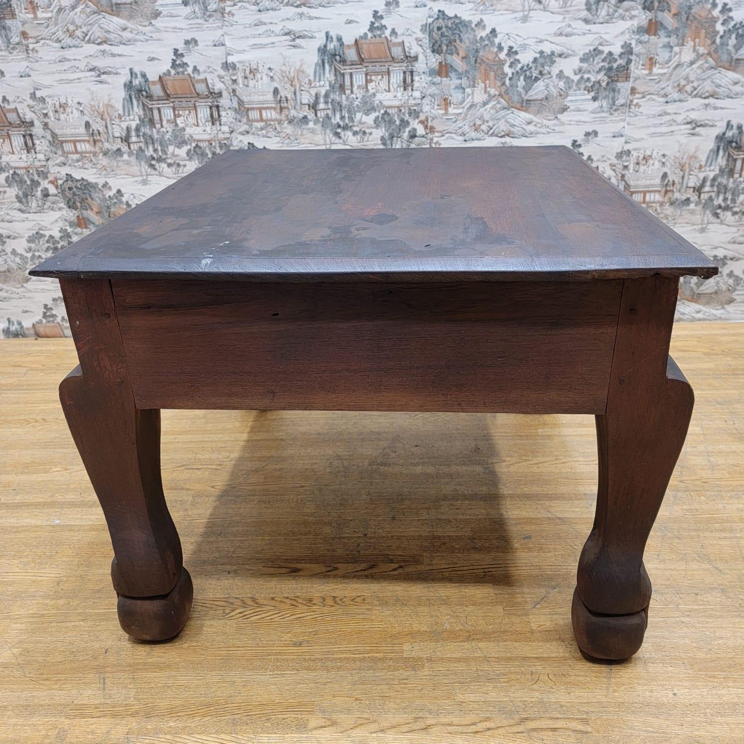 Antique East Indian Teak Wood Square Side Table with Carved Legs and Apron For Sale 3