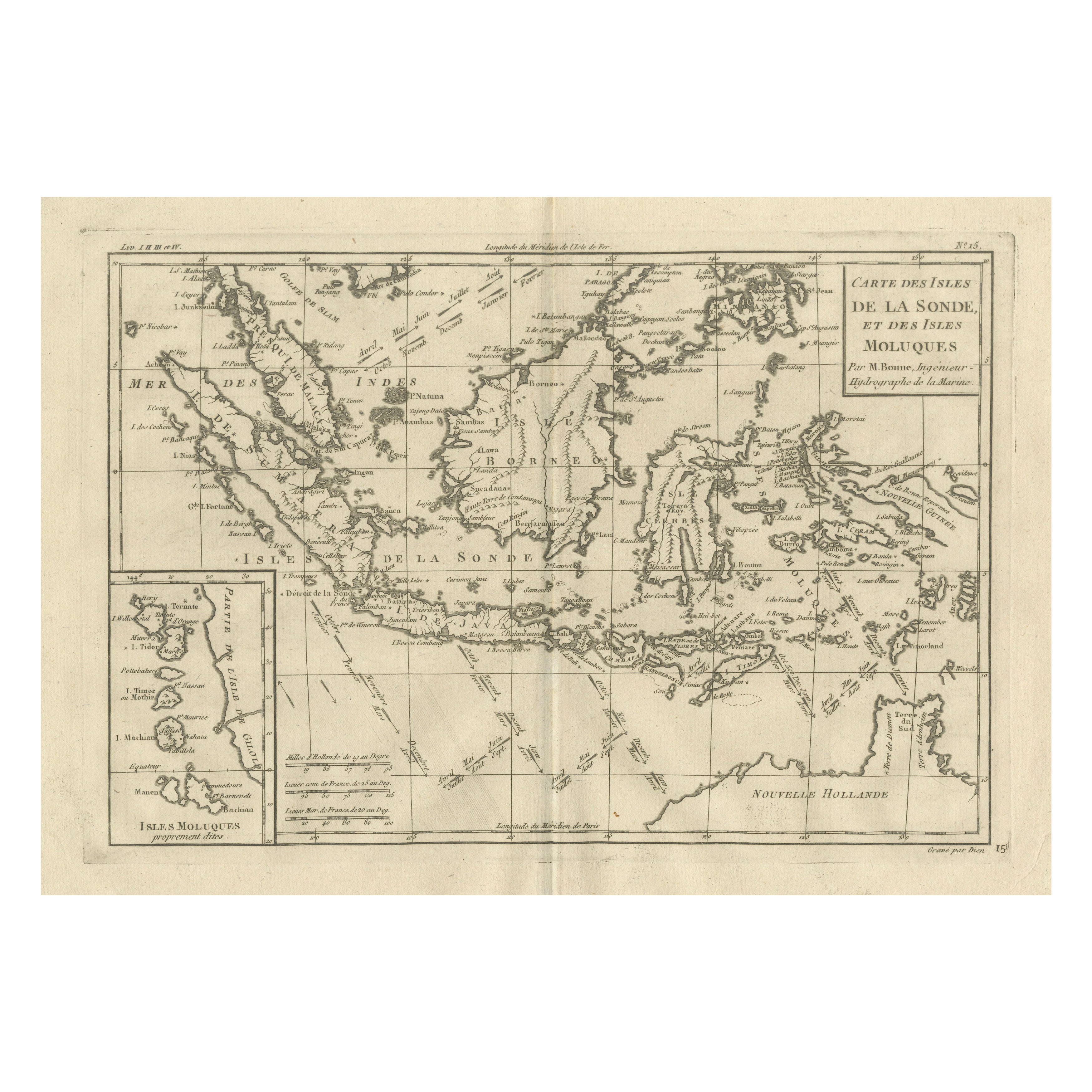 Antica mappa delle Indie Orientali di Rigobert Bonne, incisione in rame, 1780 in vendita