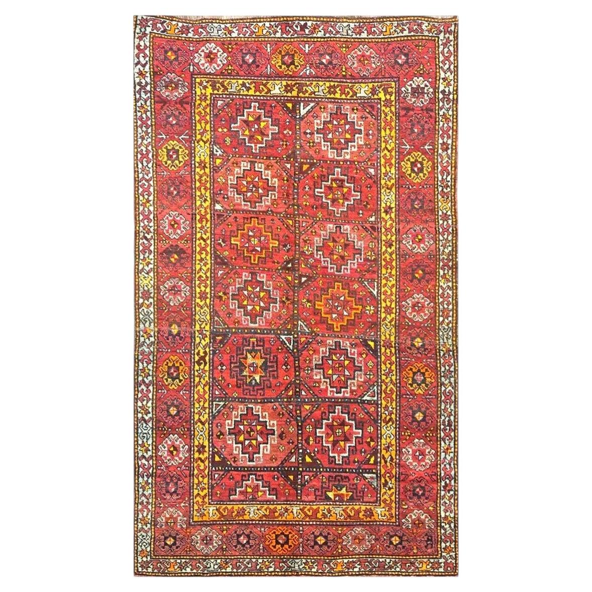 Antique East Turkestani Khotan Wool 6x11 Red, Yellow & Green Handmade Area Rug