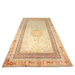 Antique East Turkestani Khotan Wool 6X12 Green & Orange Handmade Gallery Rug