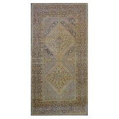 Antique East Turkestani Khotan Wool 6x13 Ivory & Charcoal Handmade Gallery Rug