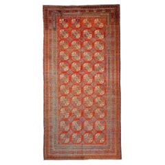 Antique East Turkestani Khotan Wool 9x18 Red & Ivory Handmade Gallery Rug