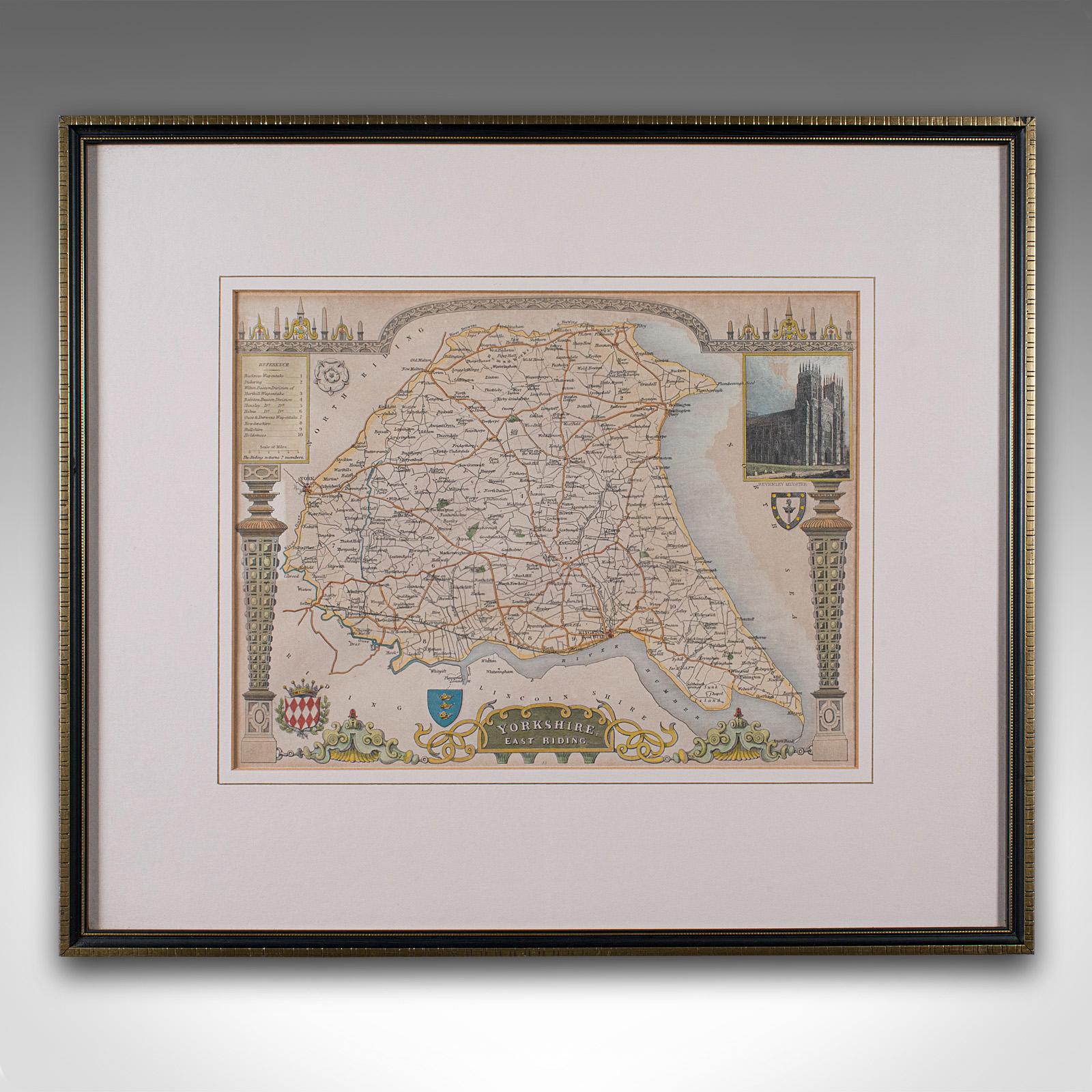 
Il s'agit d'une carte lithographique ancienne du Yorkshire de l'Est. Gravure d'atlas anglaise encadrée, d'intérêt cartographique, datant du milieu du XIXe siècle ou plus tard.

Superbe lithographie de l'East Riding of Yorkshire et des détails de