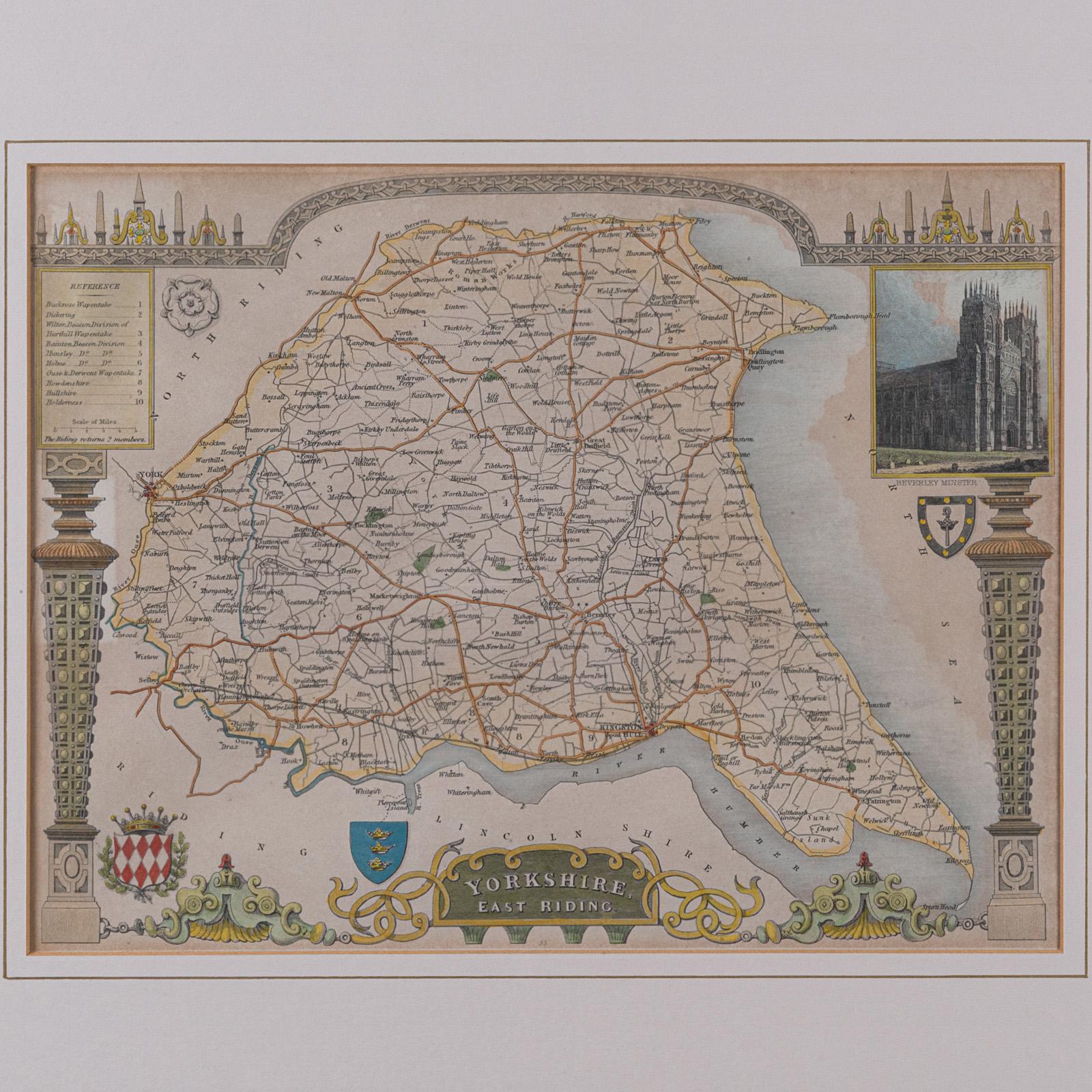 Britannique Carte ancienne du East Yorkshire, anglaise, lithographie encadrée, cartographie victorienne en vente