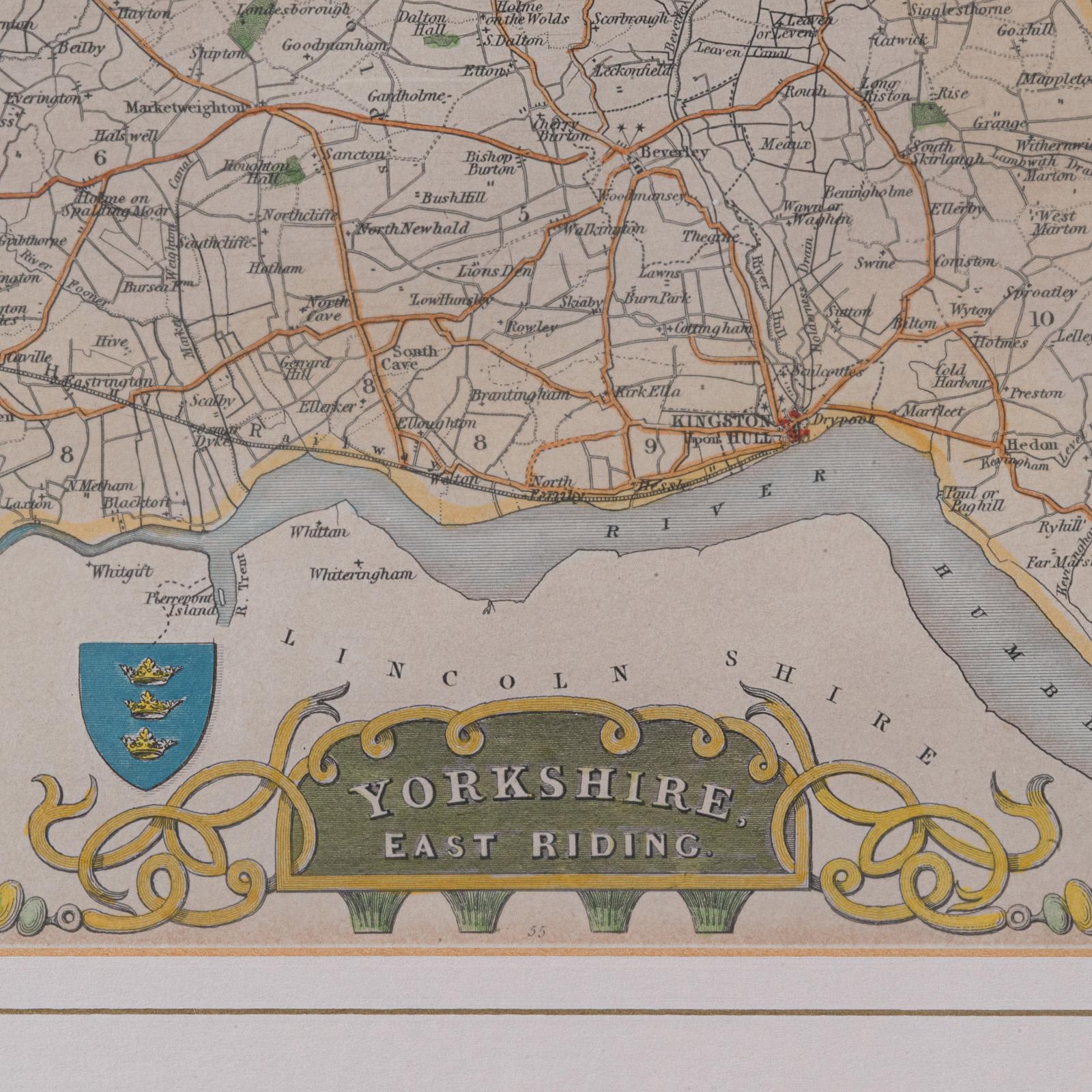 Carte ancienne du East Yorkshire, anglaise, lithographie encadrée, cartographie victorienne Bon état - En vente à Hele, Devon, GB