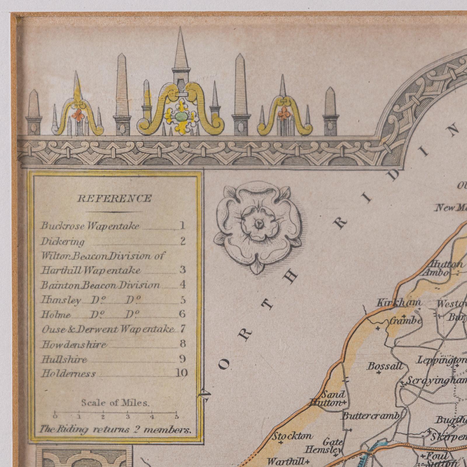 XIXe siècle Carte ancienne du East Yorkshire, anglaise, lithographie encadrée, cartographie victorienne en vente