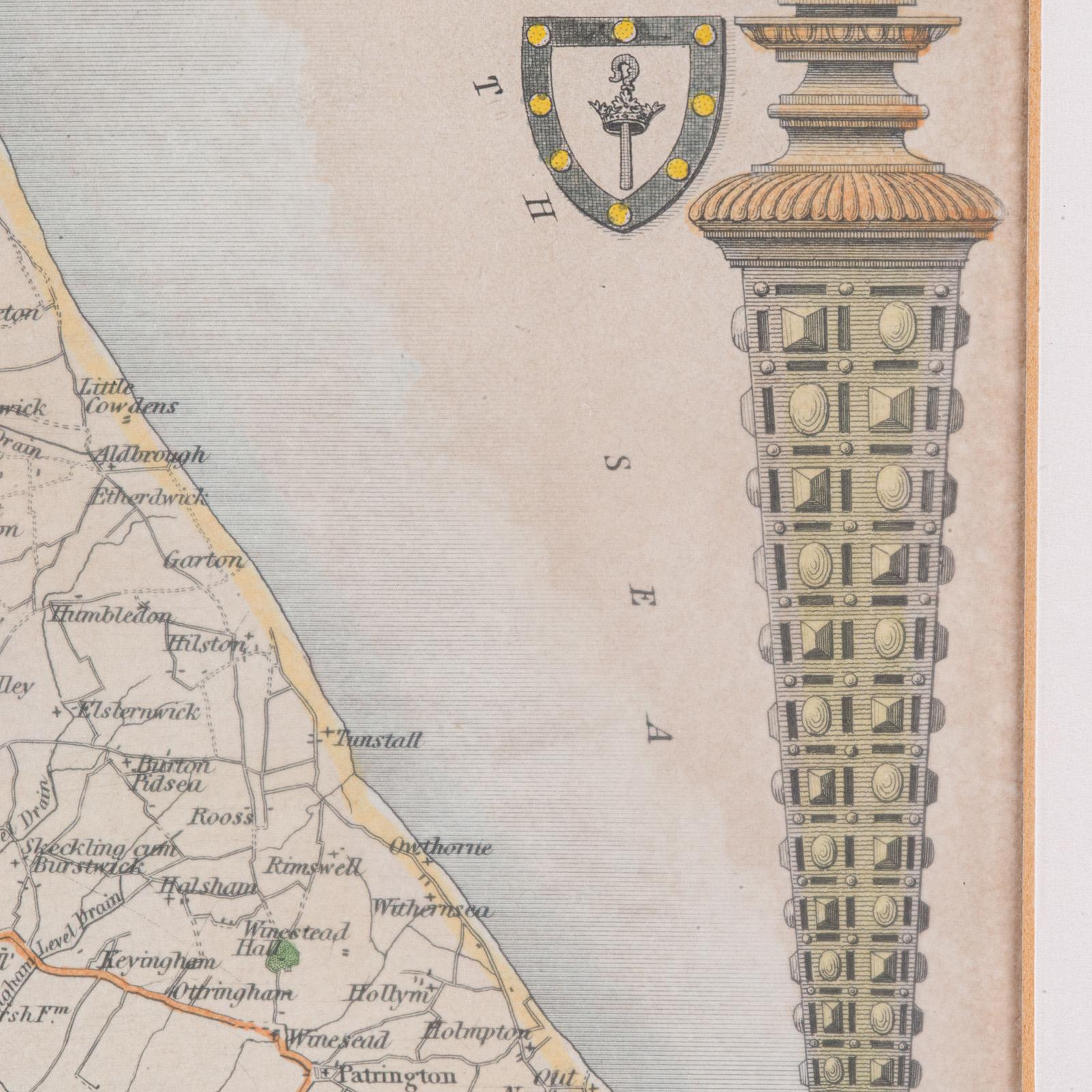 Carte ancienne du East Yorkshire, anglaise, lithographie encadrée, cartographie victorienne en vente 1