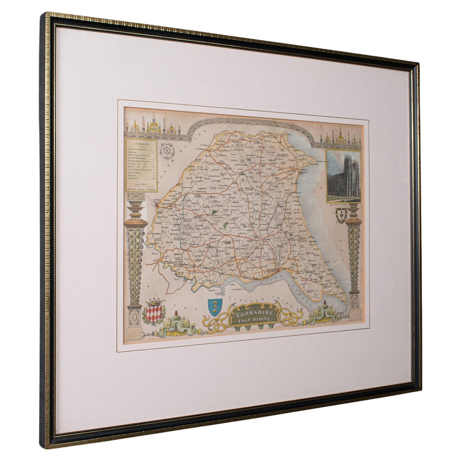 Carte ancienne du East Yorkshire, anglaise, lithographie encadrée, cartographie victorienne en vente