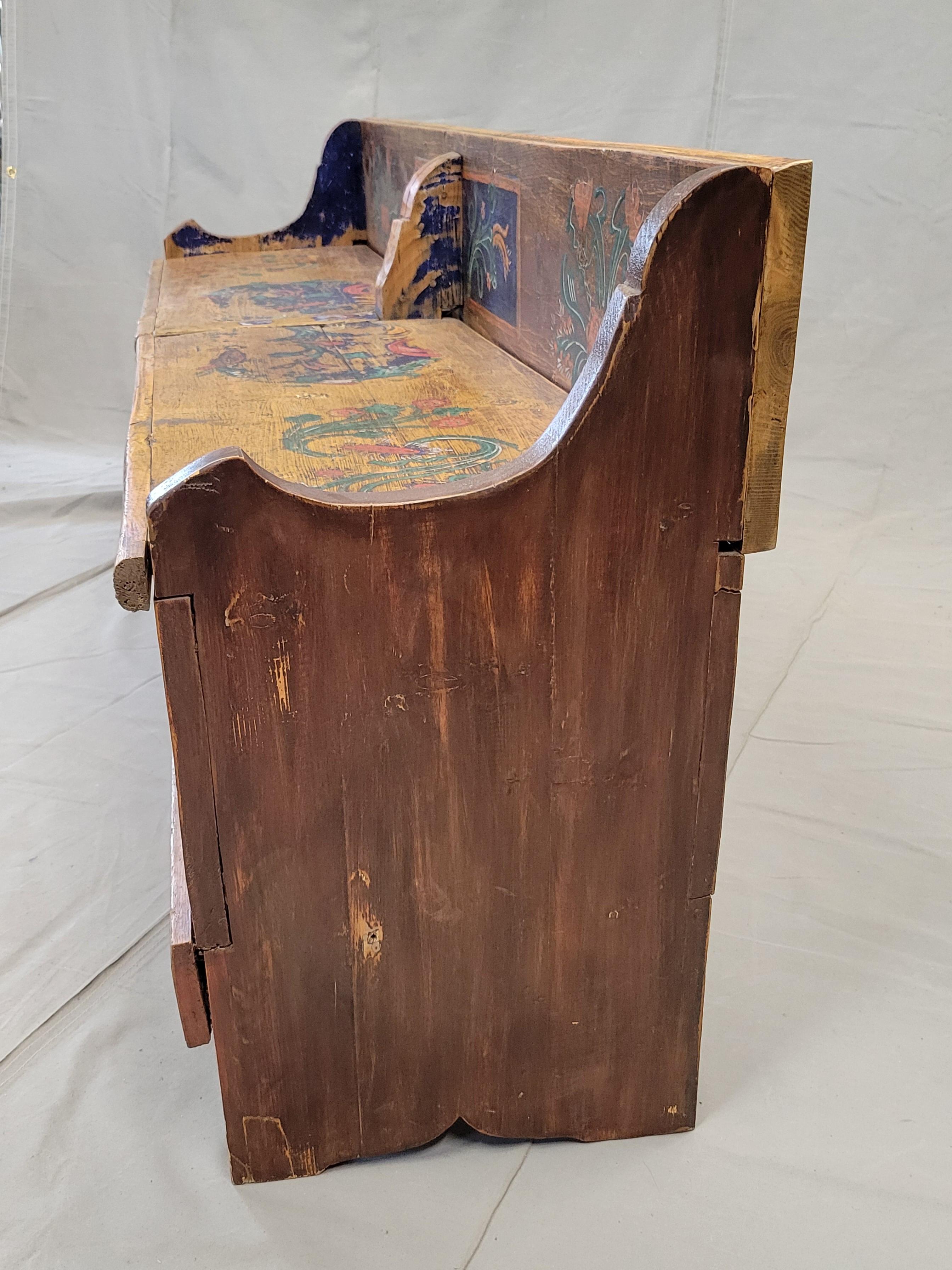 Antique Eastern European Hand Painted Pine Long Storage Bench 1