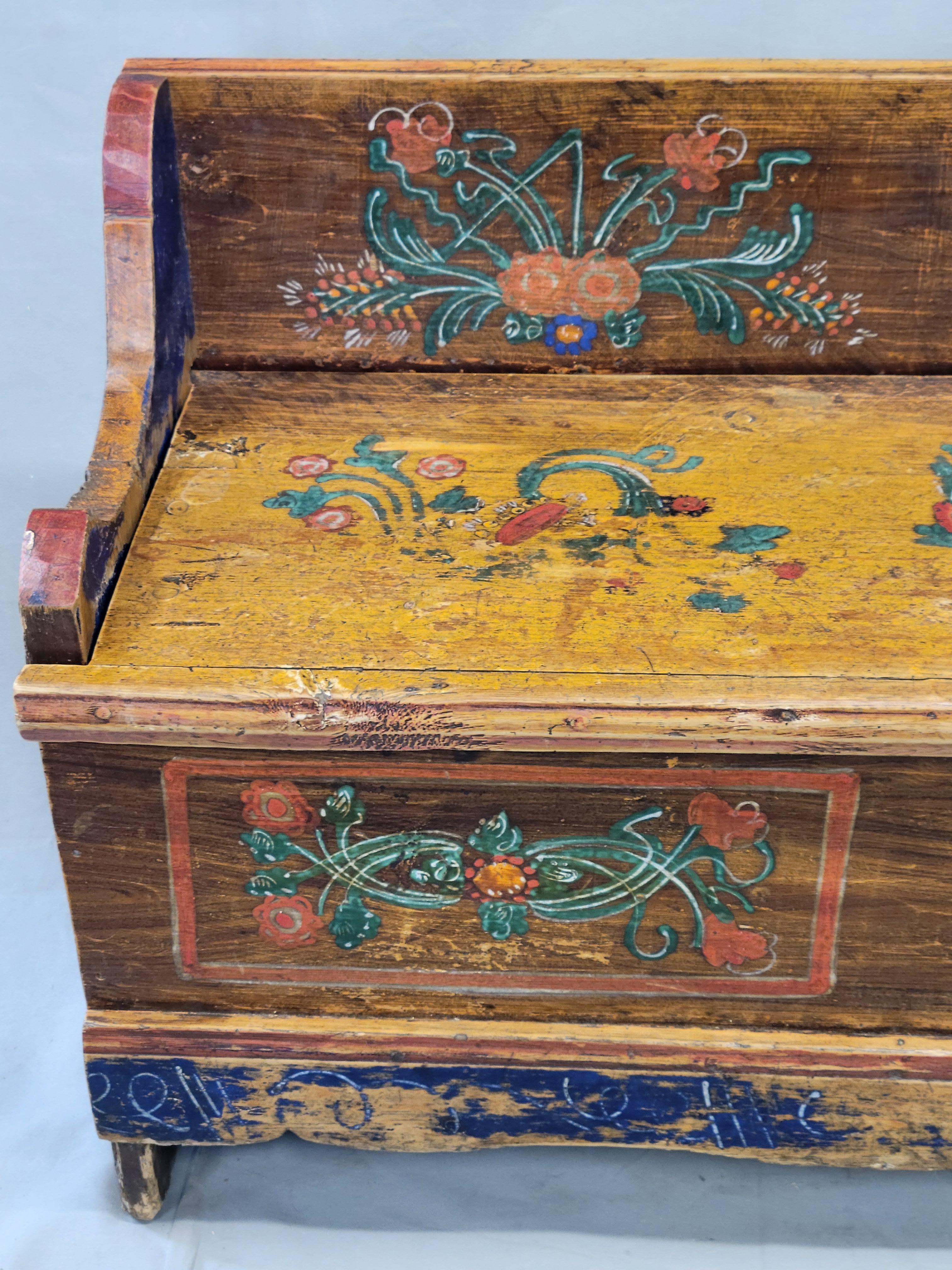Rustic Antique Eastern European Hand Painted Pine Long Storage Bench