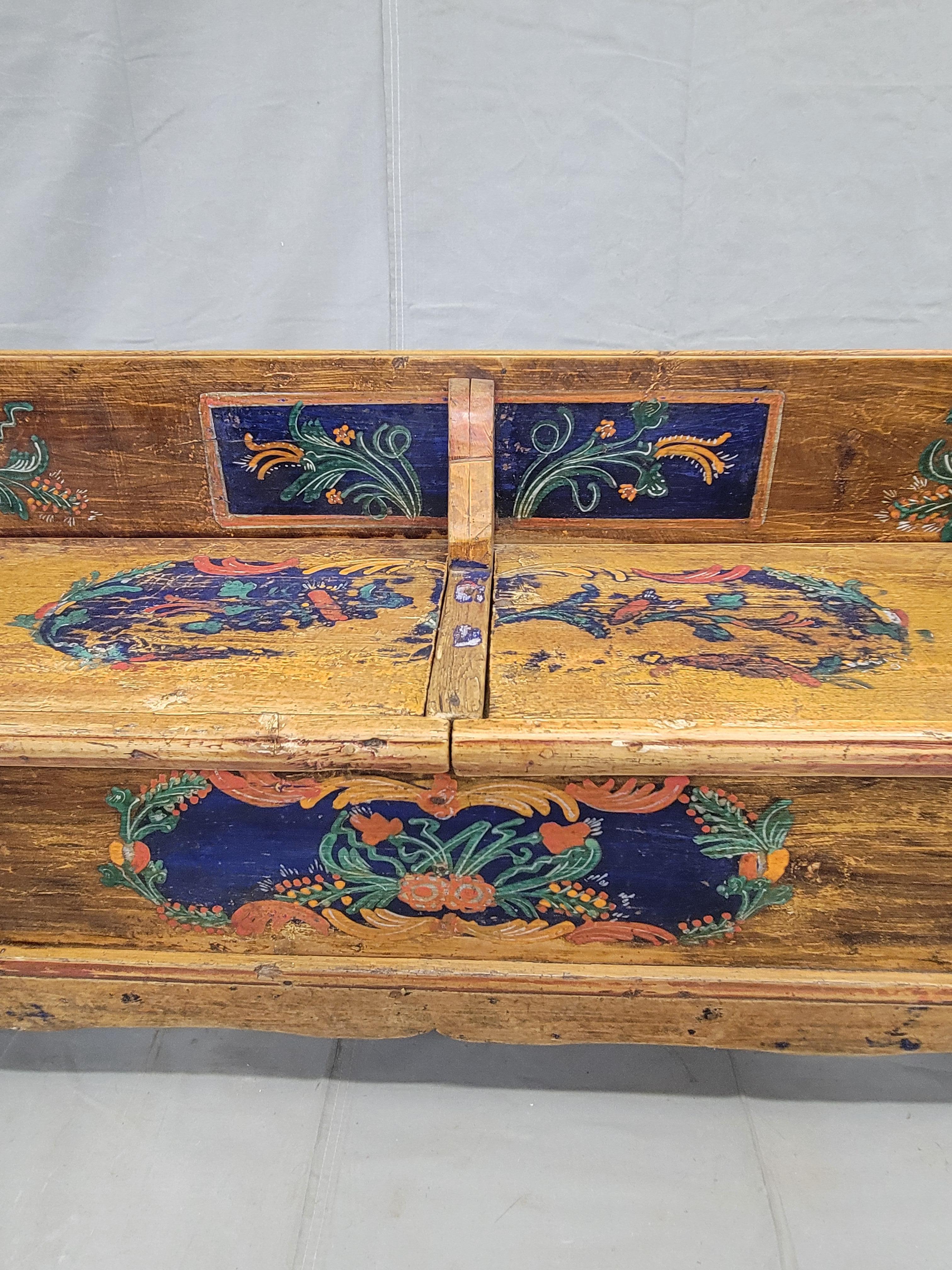 Romanian Antique Eastern European Hand Painted Pine Long Storage Bench