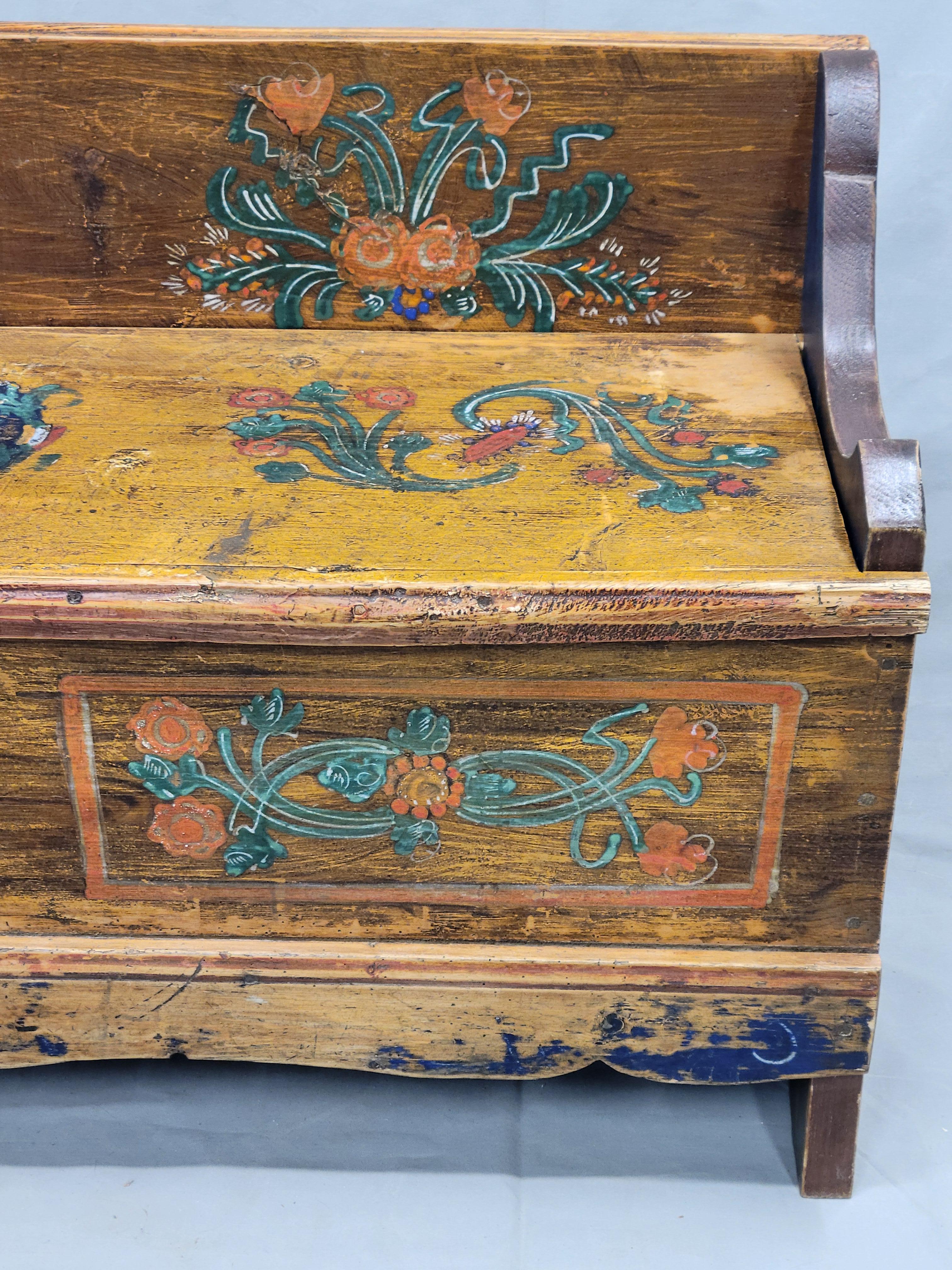 Hand-Crafted Antique Eastern European Hand Painted Pine Long Storage Bench