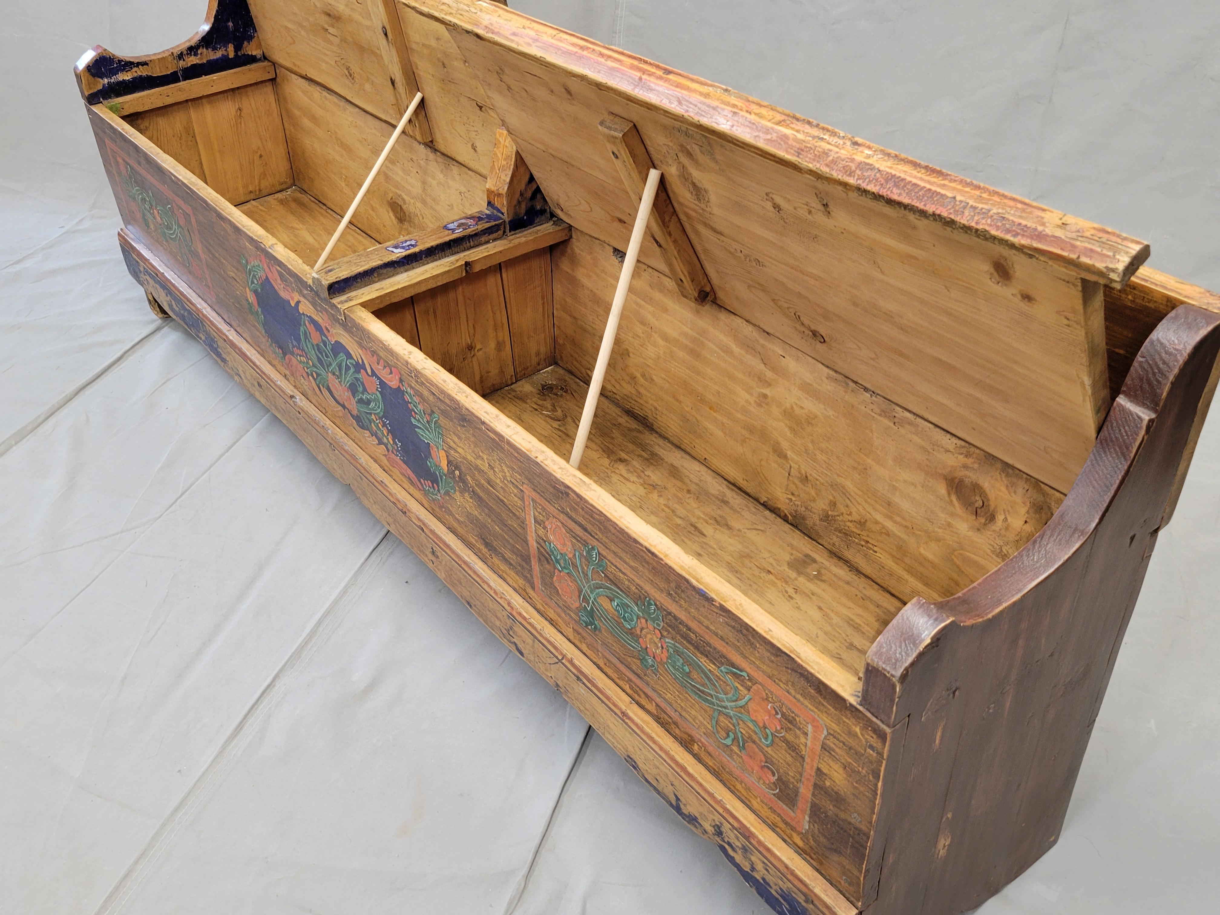 Antique Eastern European Hand Painted Pine Long Storage Bench In Good Condition In Centennial, CO